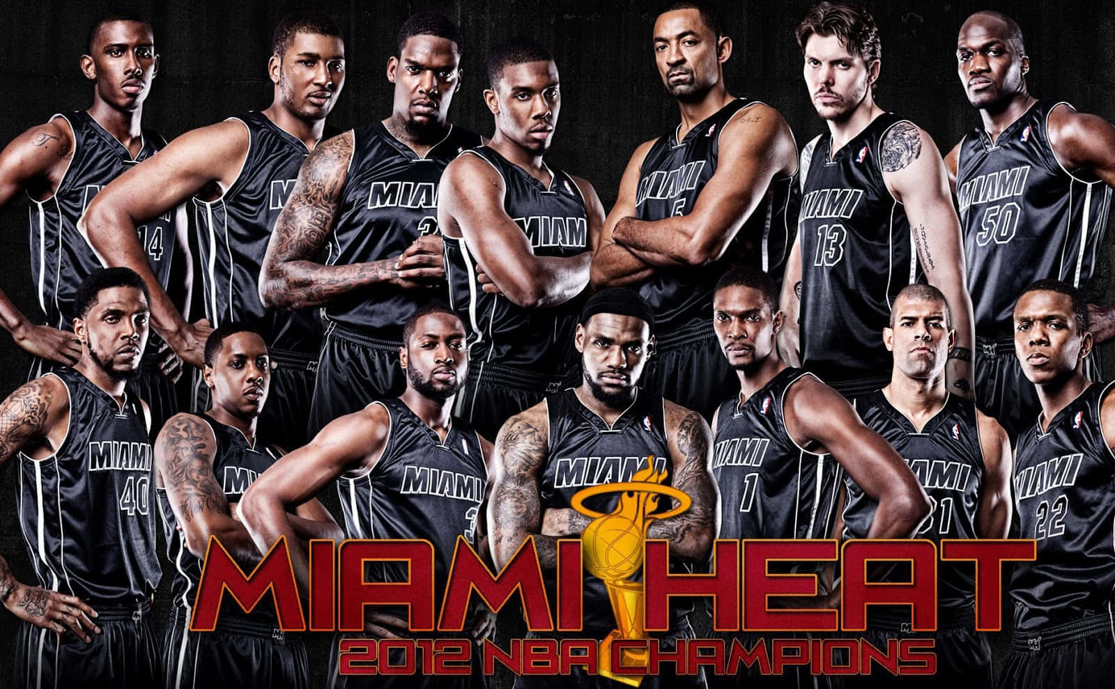 邁阿密熱火 2012 NBA 冠軍球隊照片，球員身穿黑色球衣。