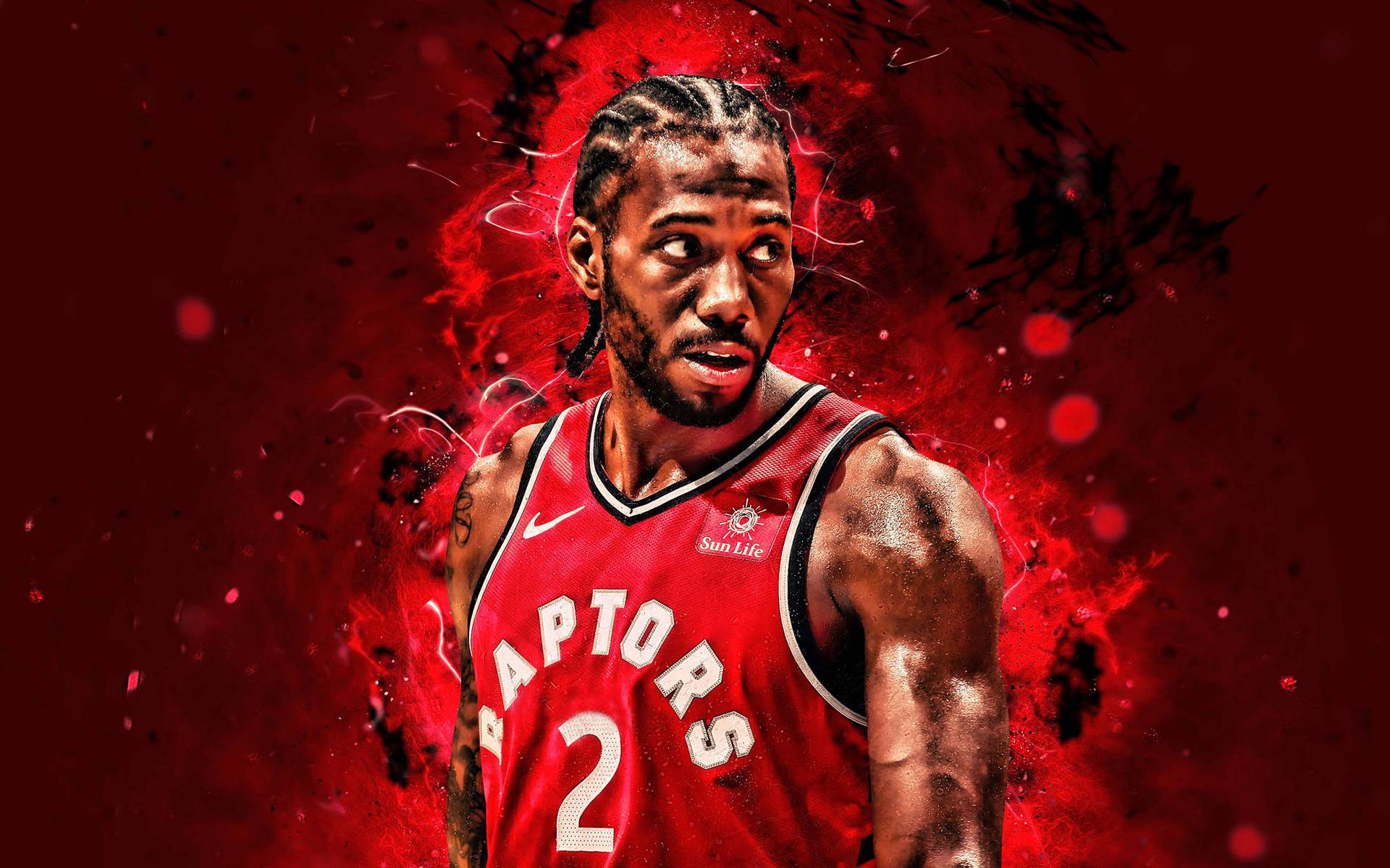 身穿紅色Raptors球衣的運動員，身後有電能效果。