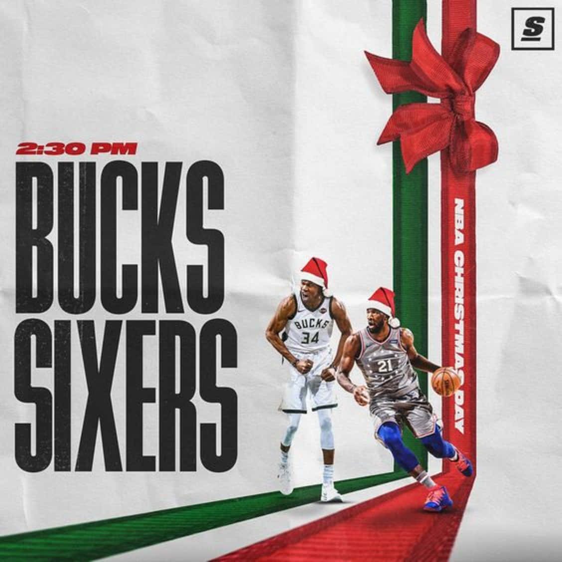 兩名戴聖誕帽的NBA籃球運動員在紅絲帶跑道上準備聖誕節比賽。