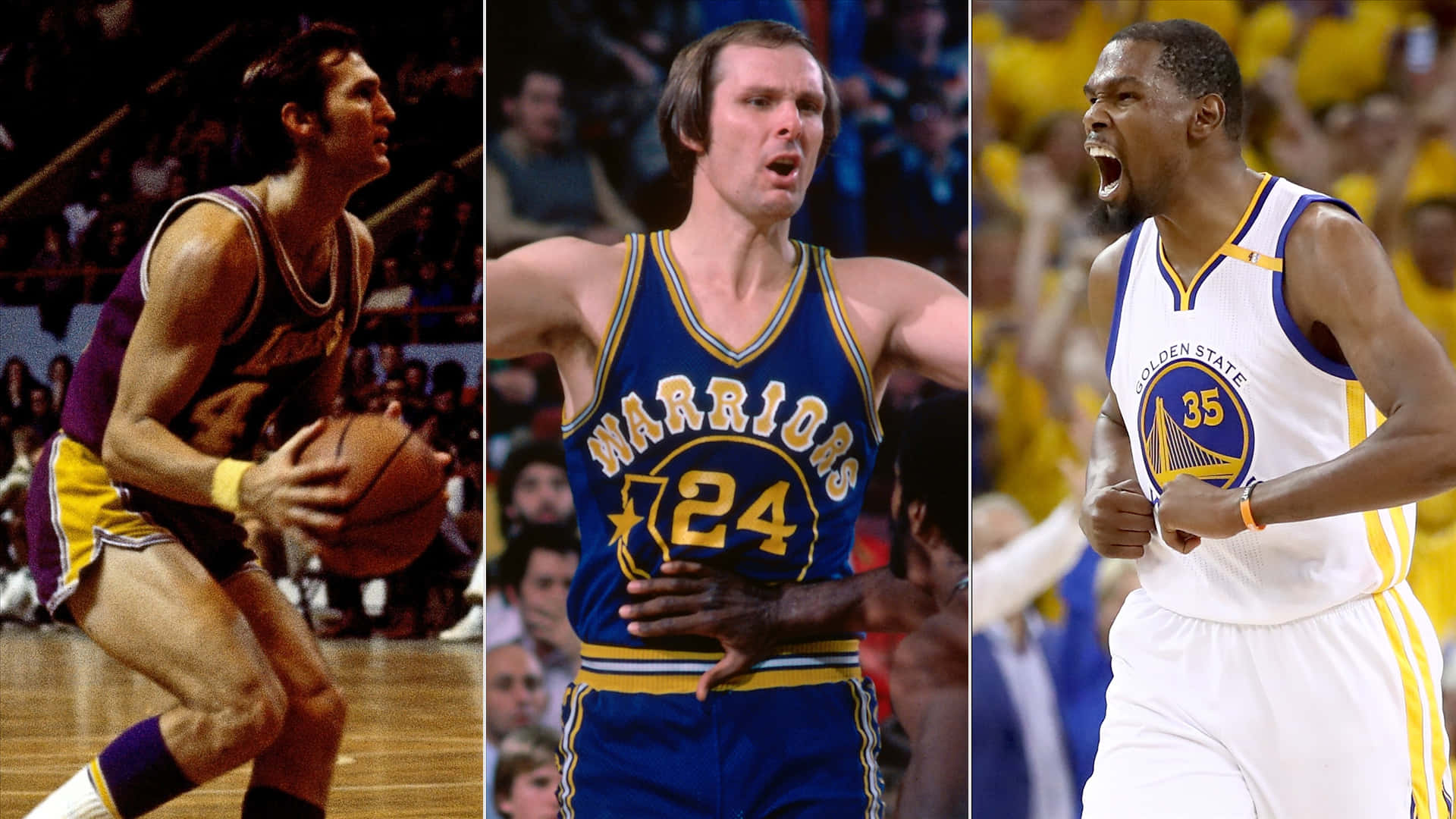 NBA 瑞克·巴里、傑瑞·韋斯特與凱文·杜蘭特 壁紙 — 三位標誌性籃球運動員以動作姿勢穿著復古和現代的 Golden State Warriors 球衣。