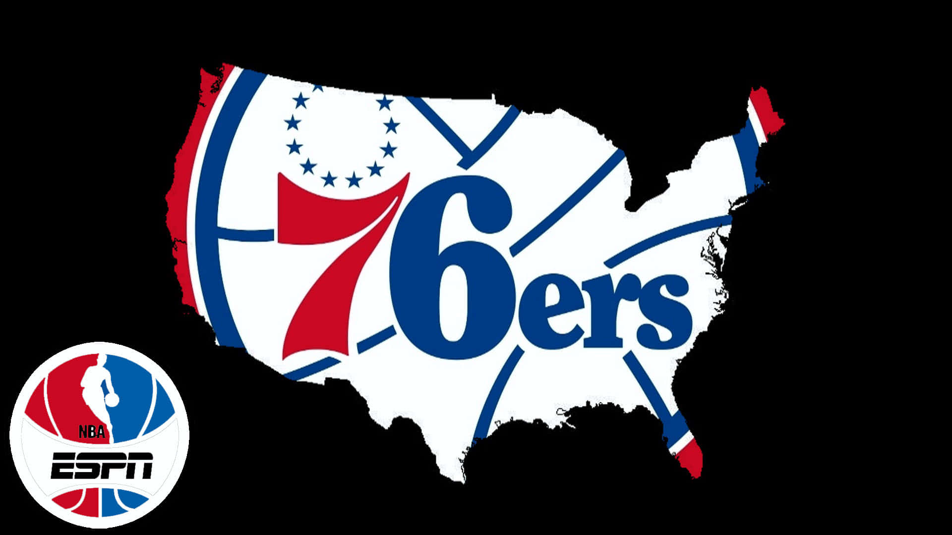 費城76人NBA球隊標誌，形狀像美國地圖，帶有ESPN標誌。