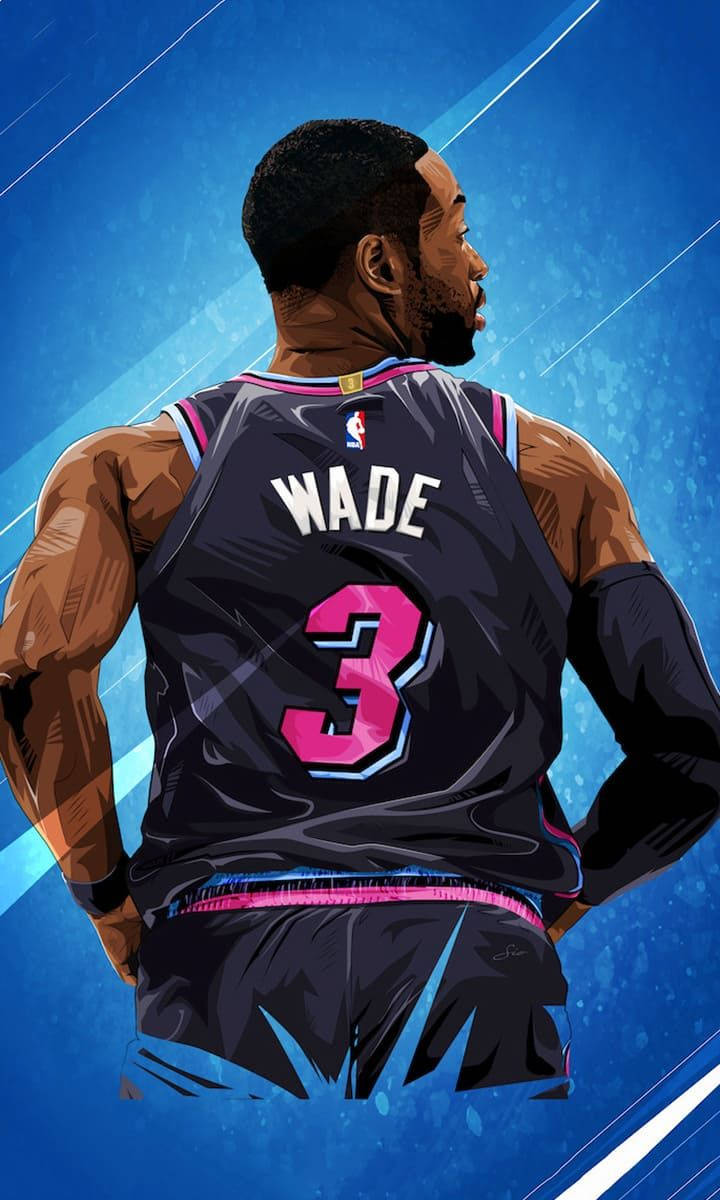 NBA 費城76人隊 德怀恩·韦德 3號球衣 壁紙 — 一幅風格化的數位插圖，描繪籃球運動員韋德身穿黑色球衣，帶有粉紅色3號，背景為鮮豔的藍色。