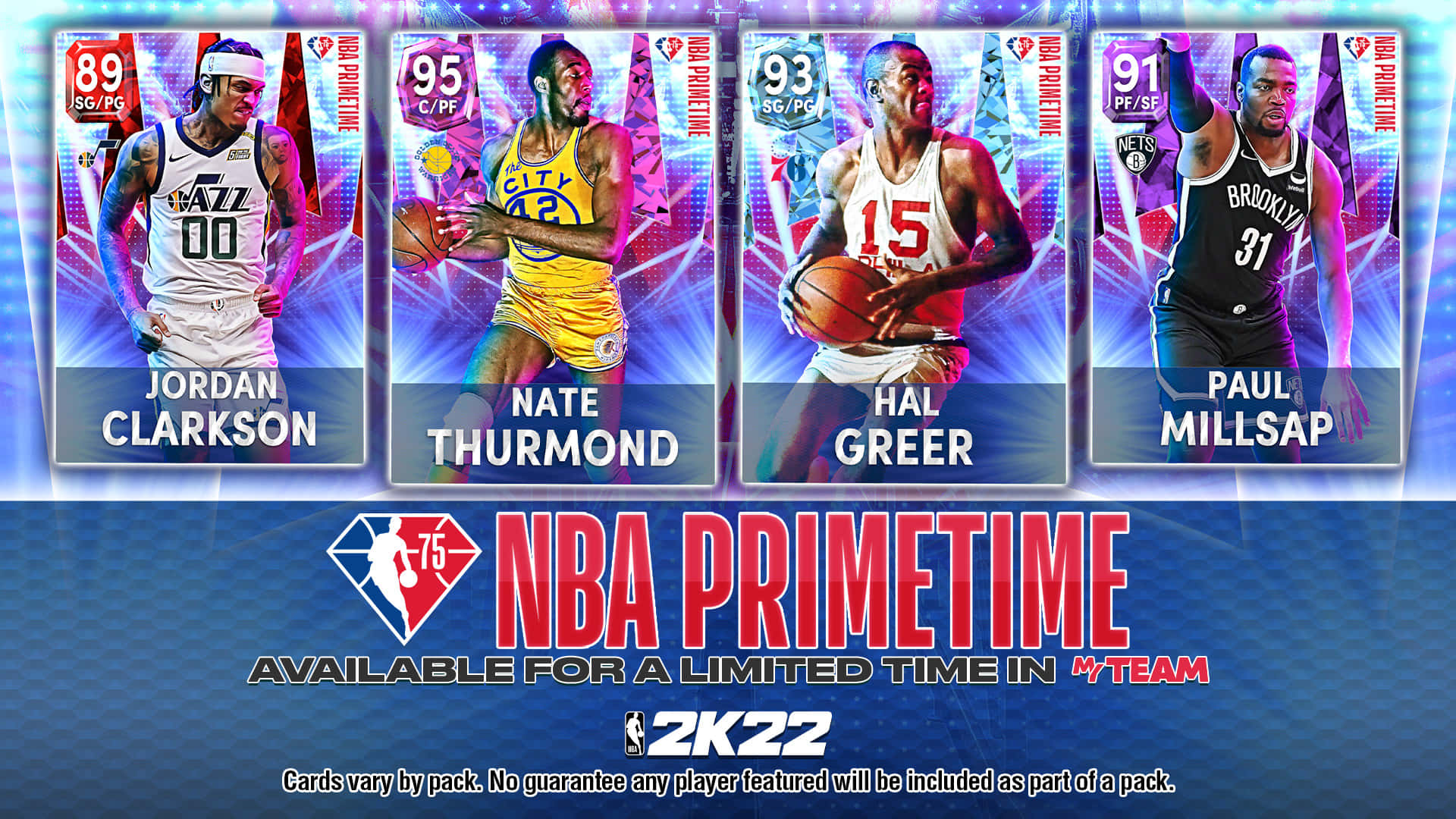哈爾·格里爾NBA2K卡牌遊戲 壁紙 — 來自NBA 2K22 Primetime的四張NBA球員卡，展示了Jordan Clarkson、Nate Thurmond、Hal Greer和Paul Millsap，背景是發光的藍色和紫色數位背景。