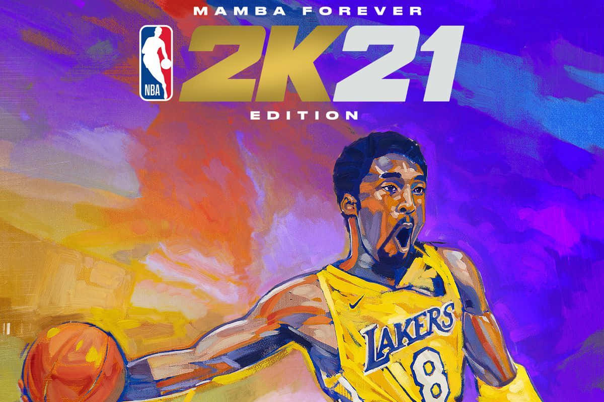 掌控球場，成為 NBA2K21 的主宰 壁紙 — 一幅充滿活力的數位畫作，描繪高比·拜仁穿著湖人隊球衣，在熾熱的夕陽和紫色天空下運球。