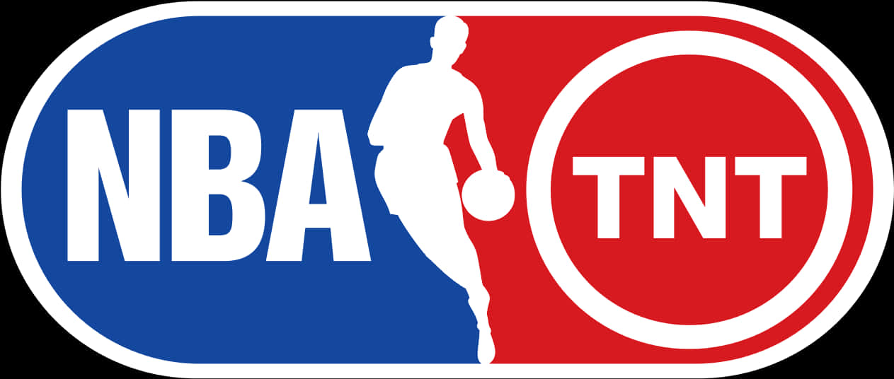 NBA與TNT聯名標誌 壁紙 — NBA TNT 標誌，以白色剪影呈現籃球運動員在藍色和紅色背景上運球的姿態。