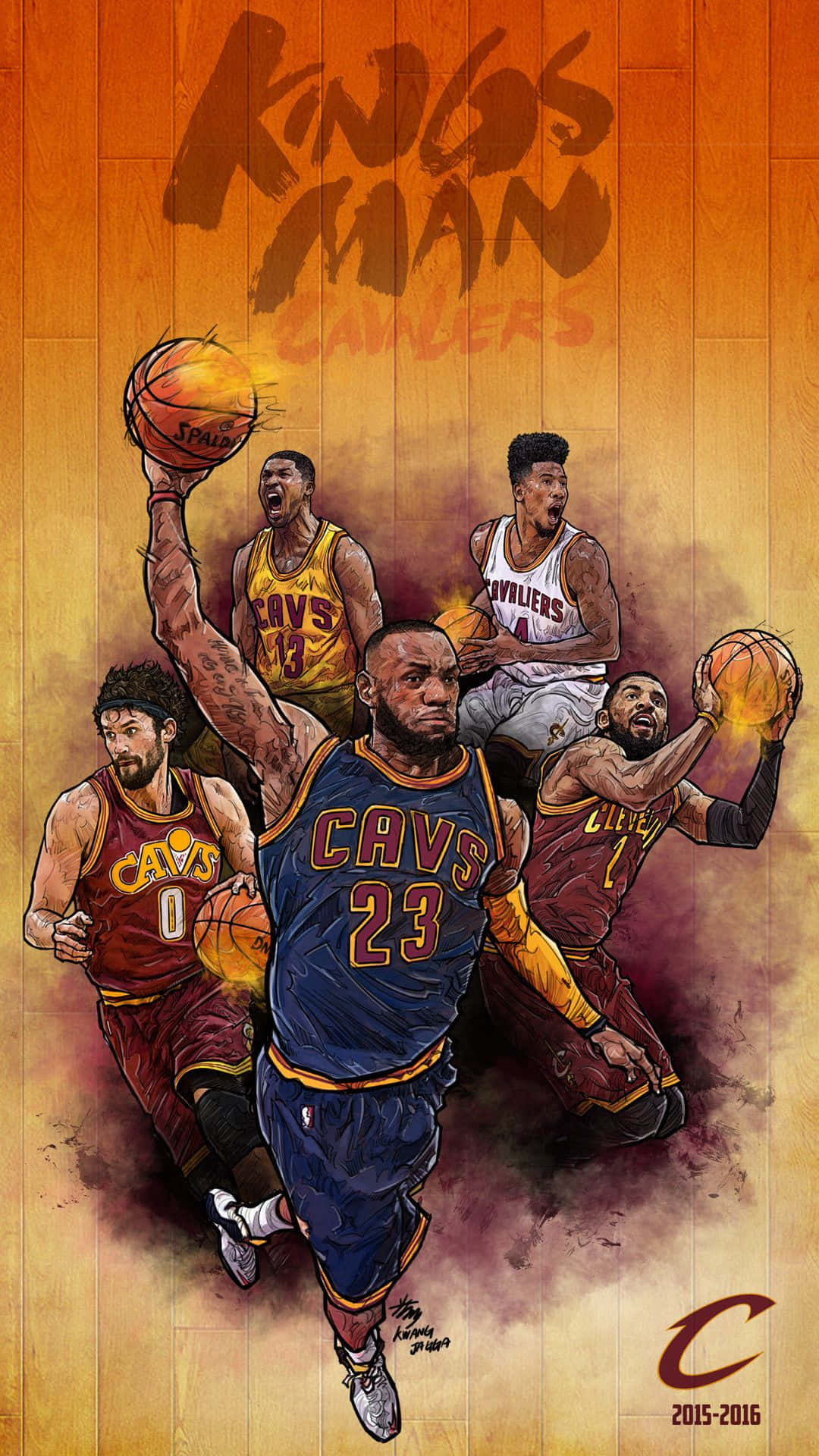 NBA中的歡笑與快樂時光 壁紙 — 動感插圖，描繪克里夫蘭騎士隊籃球運動員在溫暖木質背景上，以火熱的橙色和黃色色調展現動作。