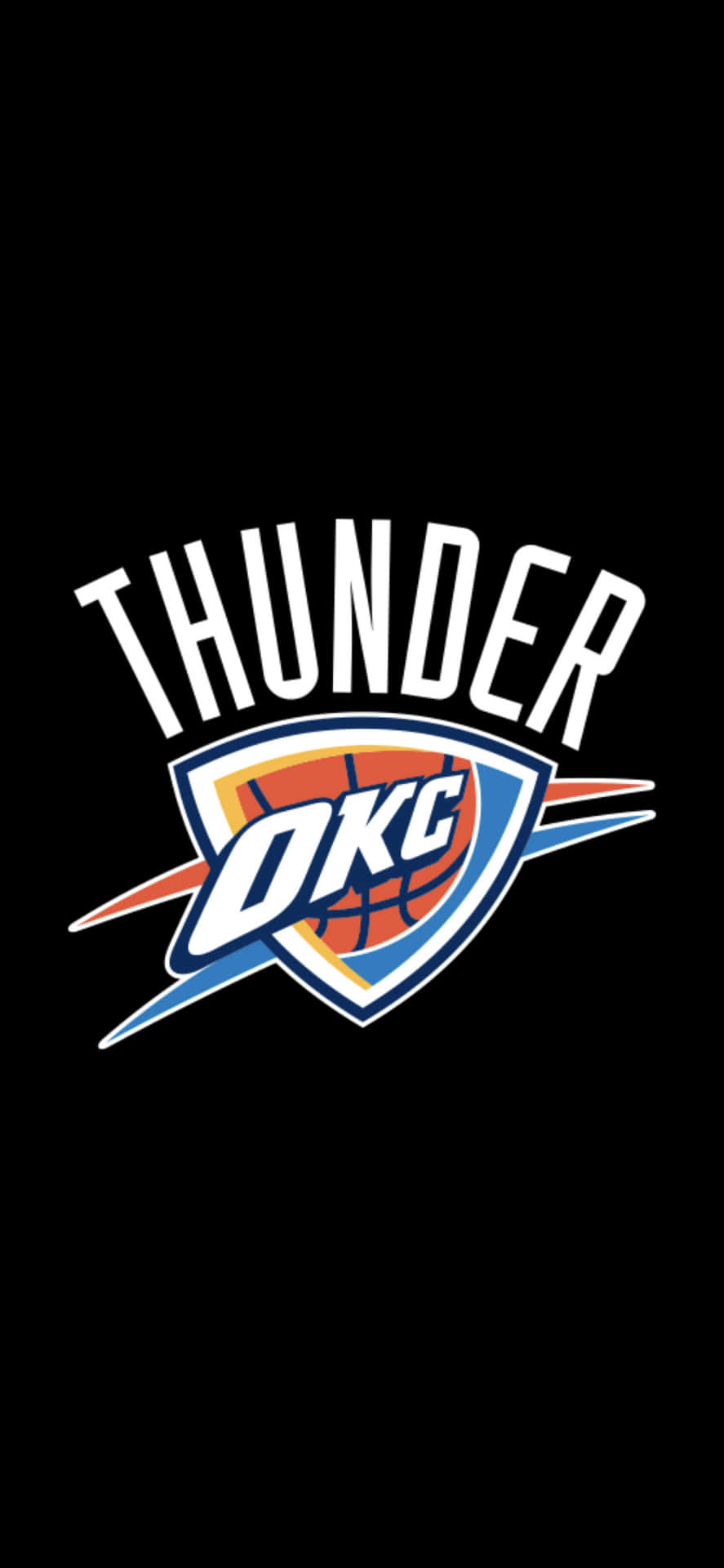 NBA俄克拉荷馬城雷霆隊隊徽與隊名 壁紙 — 奧克拉荷馬城雷霆隊標誌居中於純黑色背景上，配有粗體白色文字和色彩繽紛的籃球徽章。