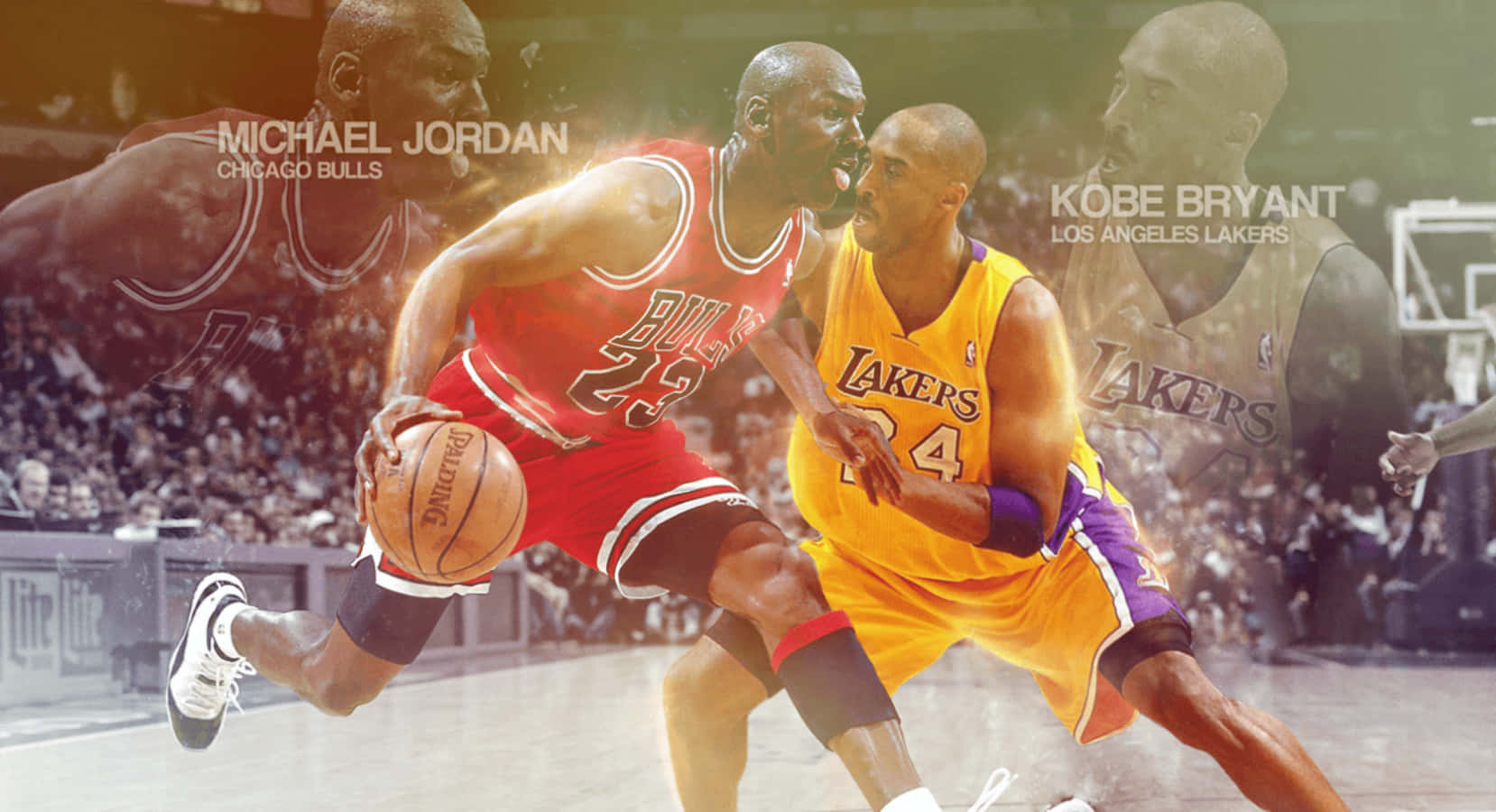 NBA傳奇對決——科比·布萊恩特與邁克爾·喬丹 壁紙 — 身穿紅色公牛隊球衣的米高佐敦在動態籃球比賽中運球越過身穿黃色湖人隊球衣的高比拜仁。