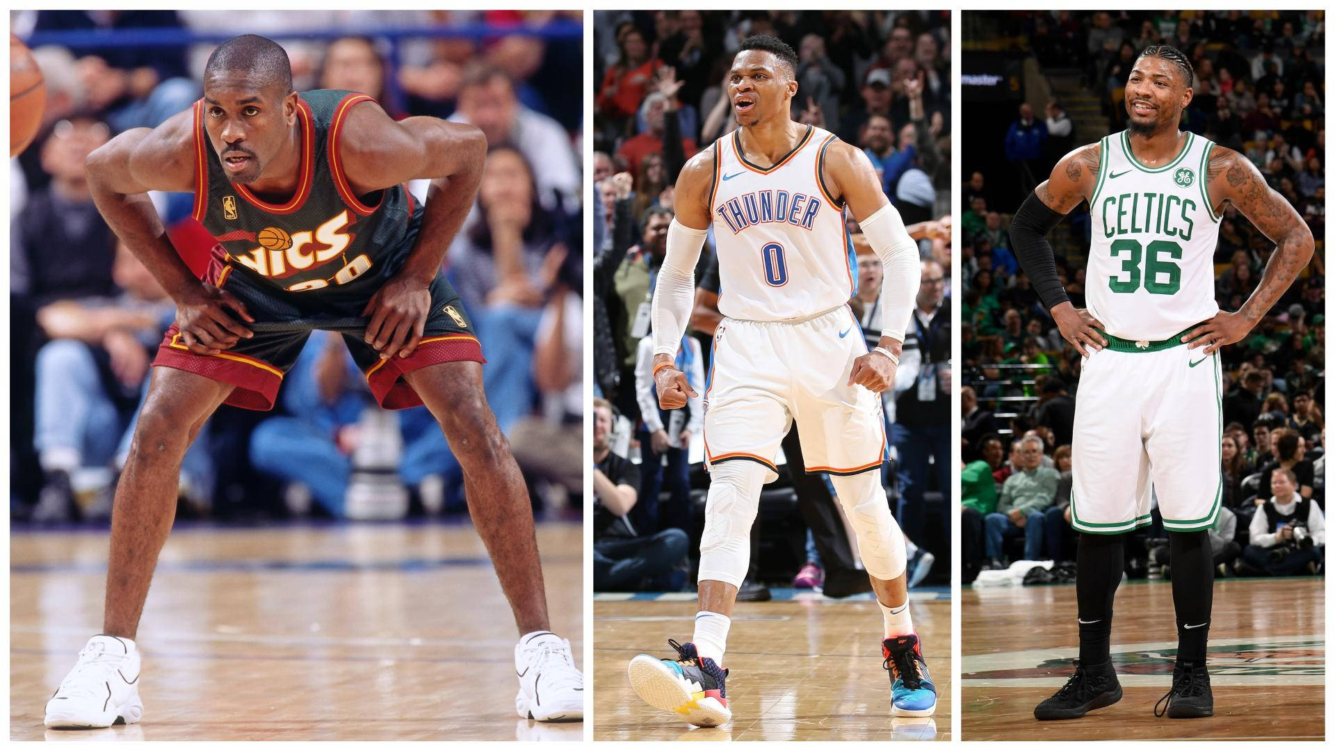 NBA傳奇球星加里·派頓 Sr. 壁紙 — 三位NBA球員在硬木球場上擺出動作姿勢，背景有觀眾。