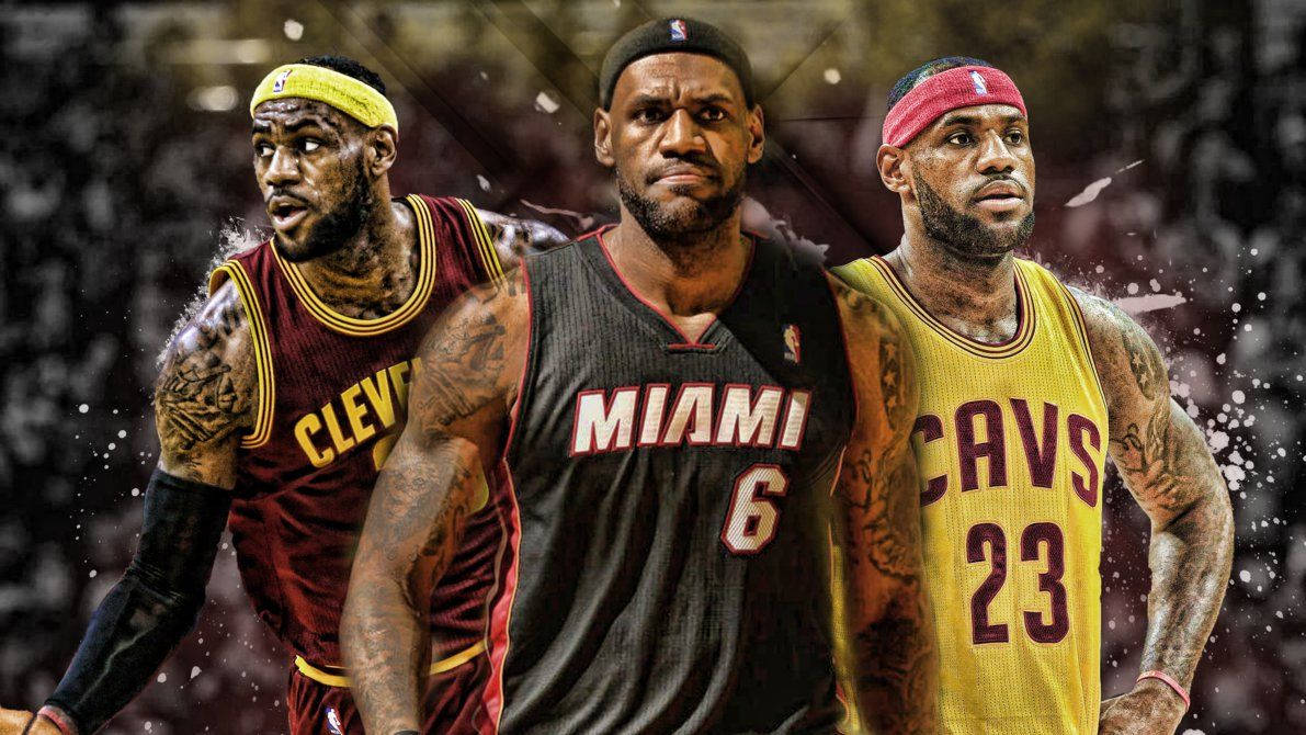 三個勒邦占士着住唔同NBA波衫，有紋身同強烈表情。