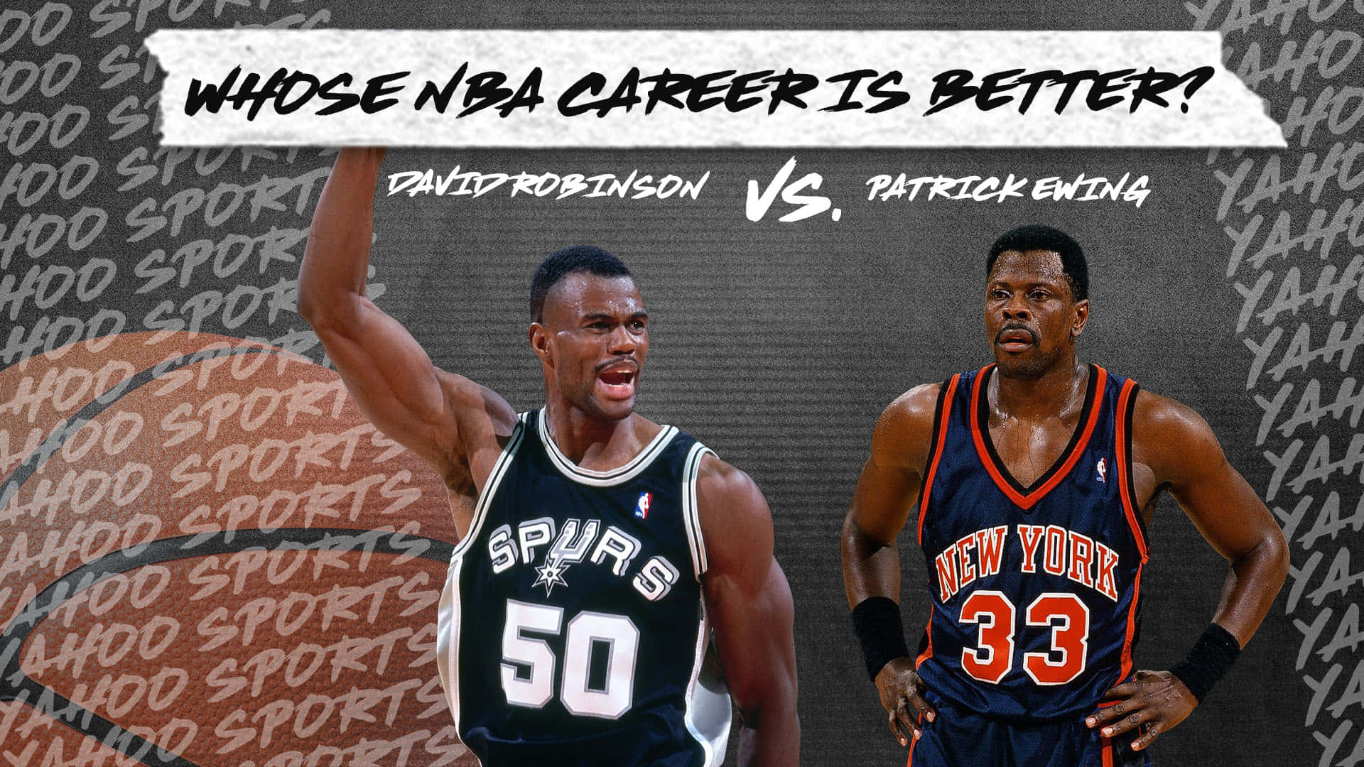 NBA傳奇球星戴維·羅賓森與帕特里克·尤因對決 壁紙 — 兩位NBA傳奇人物大衛·羅賓遜和帕特里克·尤因穿著他們的標誌性球衣，在Yahoo Sports品牌背景前對決。