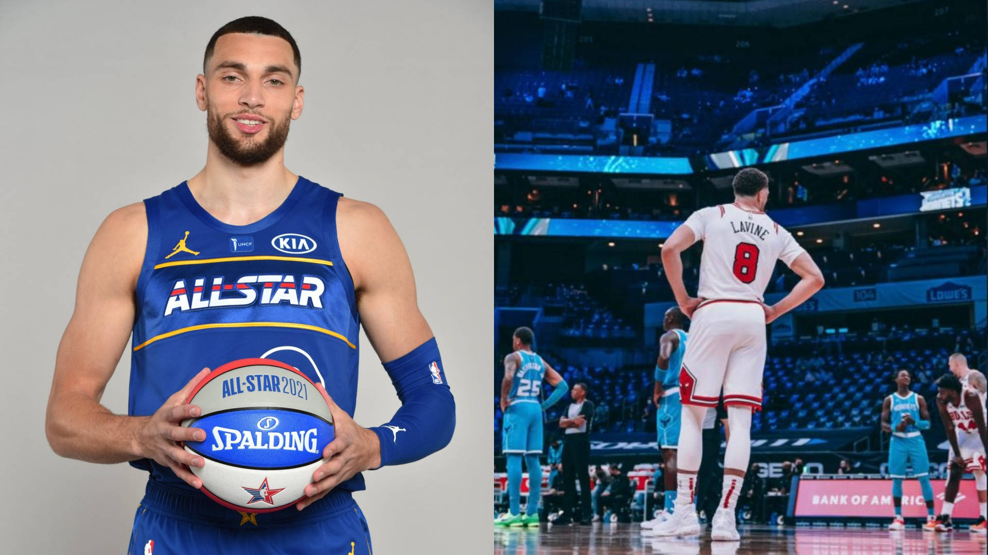 NBA全明星2021 扎克·拉文 壁紙 — 一名身穿藍色全明星球衣的籃球運動員拿著一個Spalding籃球，而另一名身穿白色球衣的球員站在有觀眾的燈光球場上。