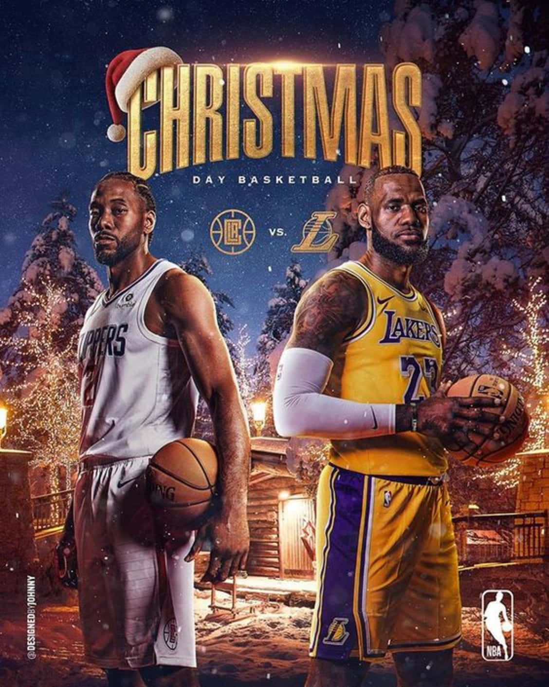 兩名NBA籃球運動員穿著冬季裝備，在雪地節日場景中手持籃球。