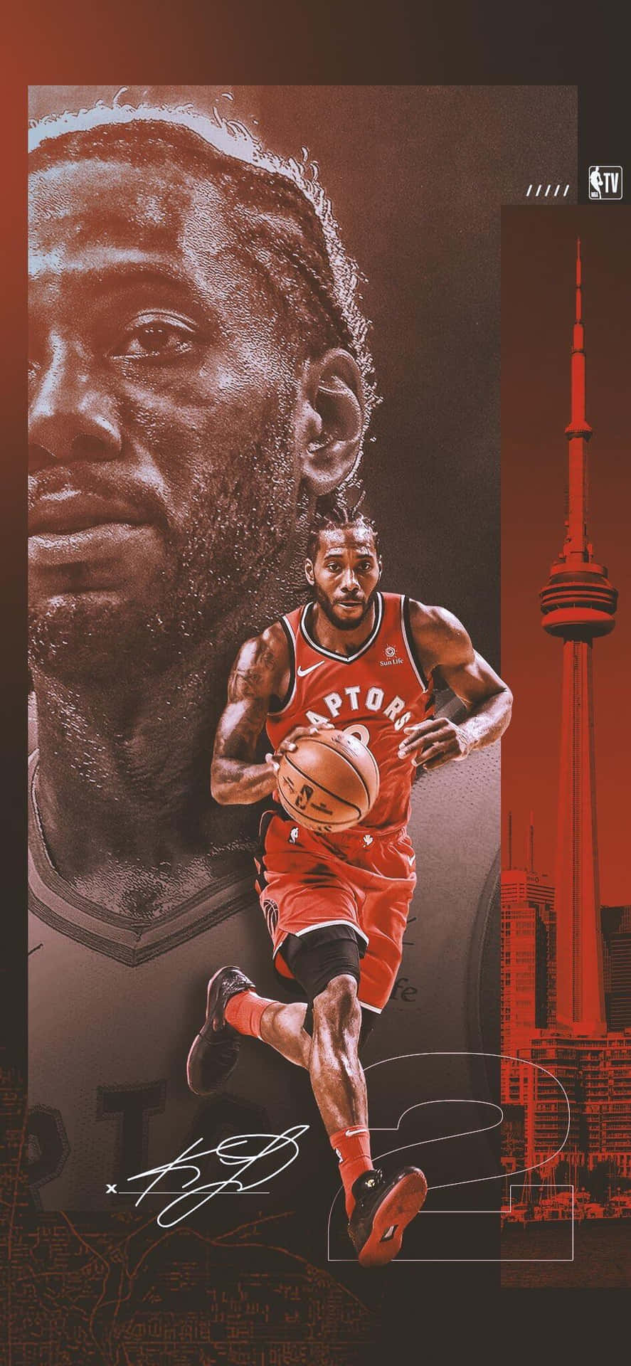 NBA多倫多暴龍隊手機畫面 壁紙 — 一名身穿紅色速龍隊裝備的動感籃球運動員，在CN塔背景下運球經過一幅巨大的肖像畫。