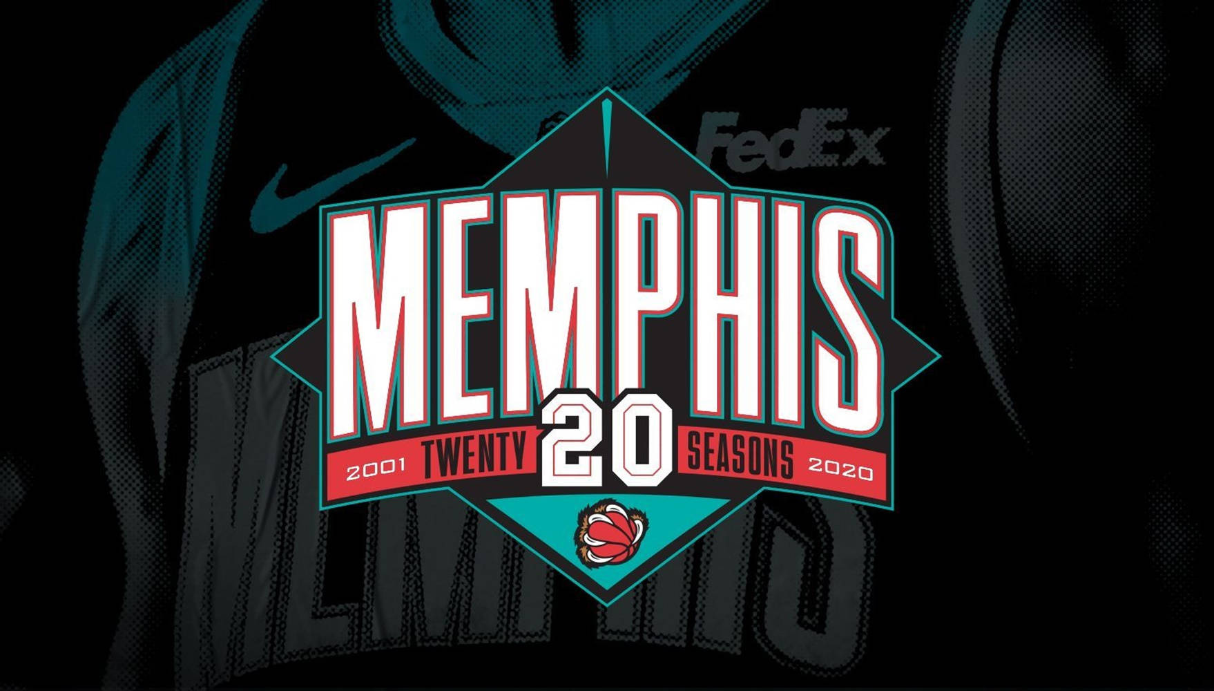 NBA孟菲斯灰熊隊標誌二十週年海報 壁紙 — 大膽嘅孟菲斯灰熊2020標誌，喺黑色波衫背景上有青綠色同紅色點綴。