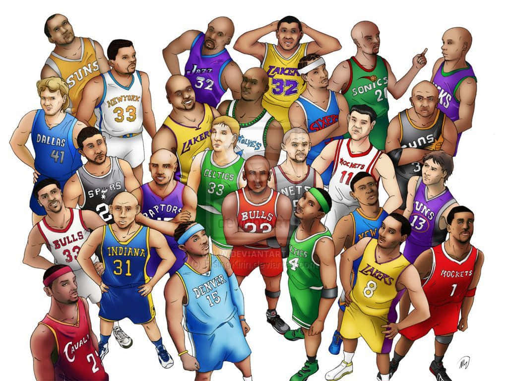 一群身穿復古球隊球衣的NBA籃球運動員一起擺姿勢。