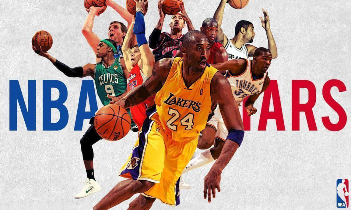 NBA明星拼貼， featuring 標誌性球員在動作姿勢中與籃球。