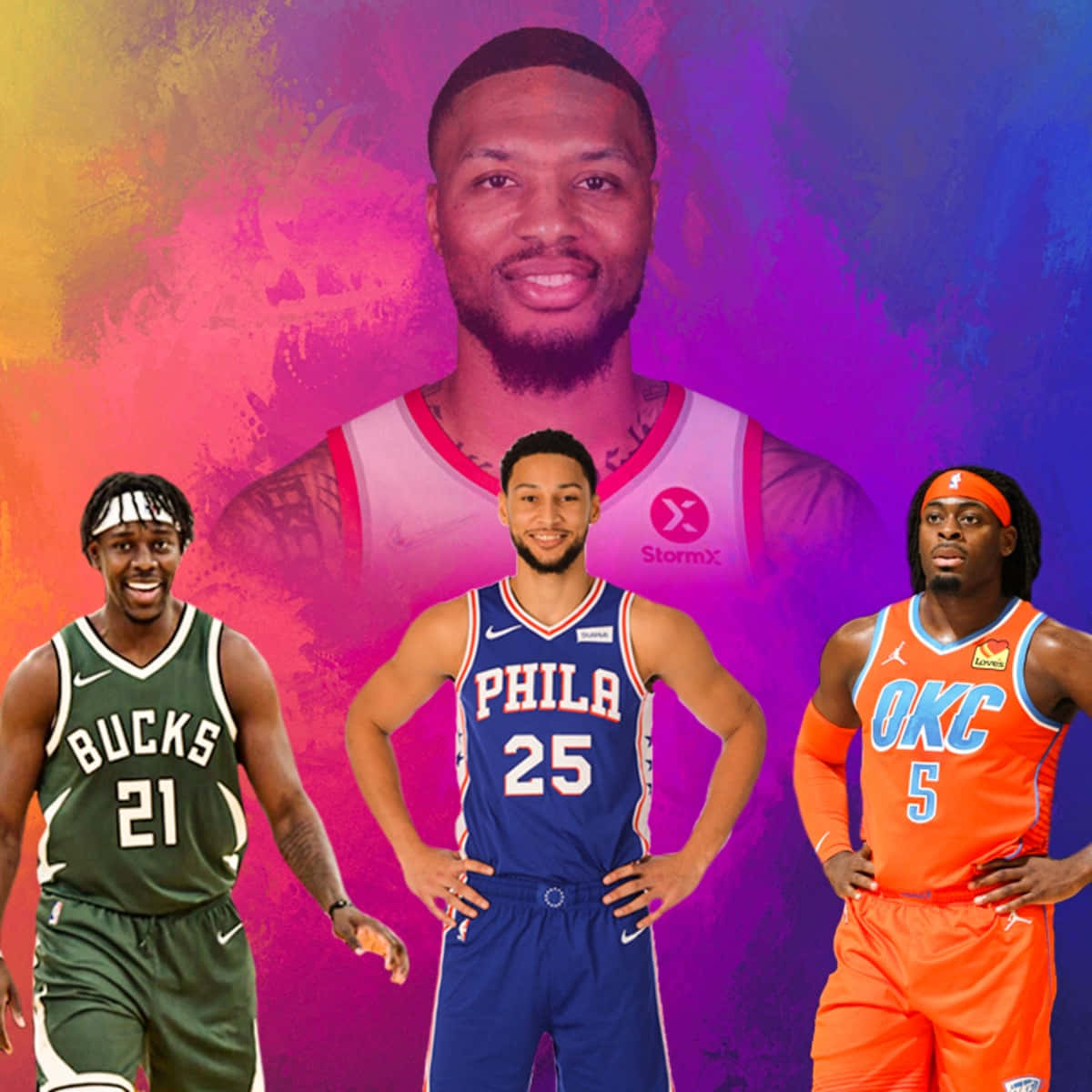 NBA最佳防守者盧根茲·多特 壁紙 — 三名身穿球隊球衣的籃球運動員在充滿活力的抽象漸變背景前自信地擺姿勢。