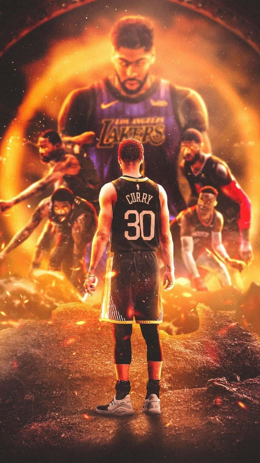 身穿黑色Curry 30球衣的籃球運動員面向發光金色傳送門，湖人隊球員從中出現。