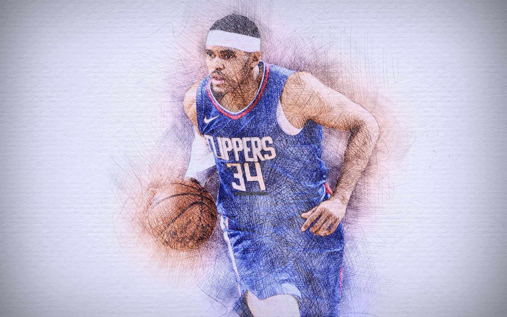NBA洛杉磯快艇隊球員托拜厄斯·哈里斯數位插畫 壁紙 — 一名身穿快艇隊球衣的籃球運動員，在帶有紋理的素描風格背景前，專注地運球。