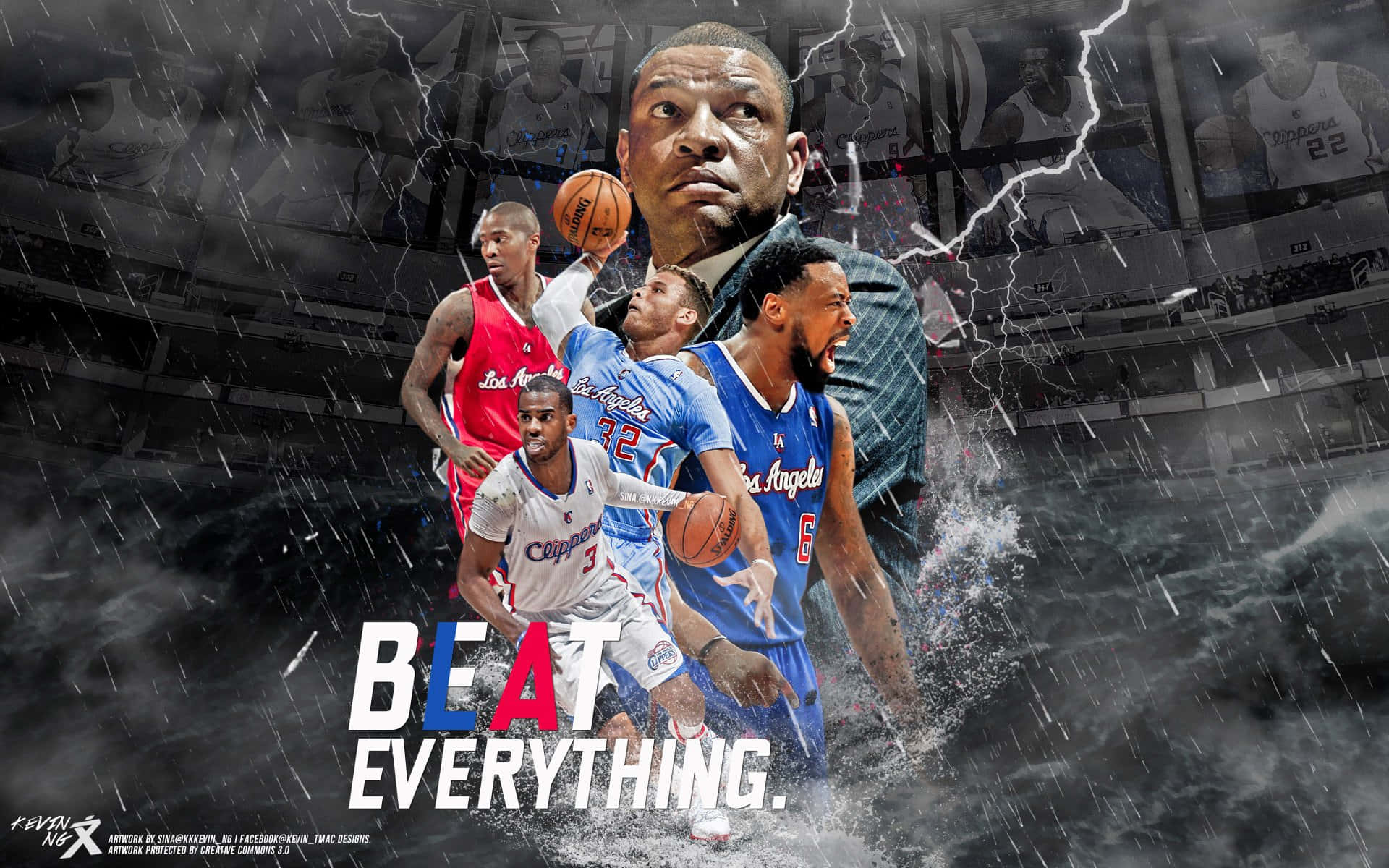 NBA洛杉磯快艇隊球員與教練Doc Rivers數位藝術作品 壁紙 — 在暴風雨中，籃球運動員在閃電和水花中動態地進行比賽。
