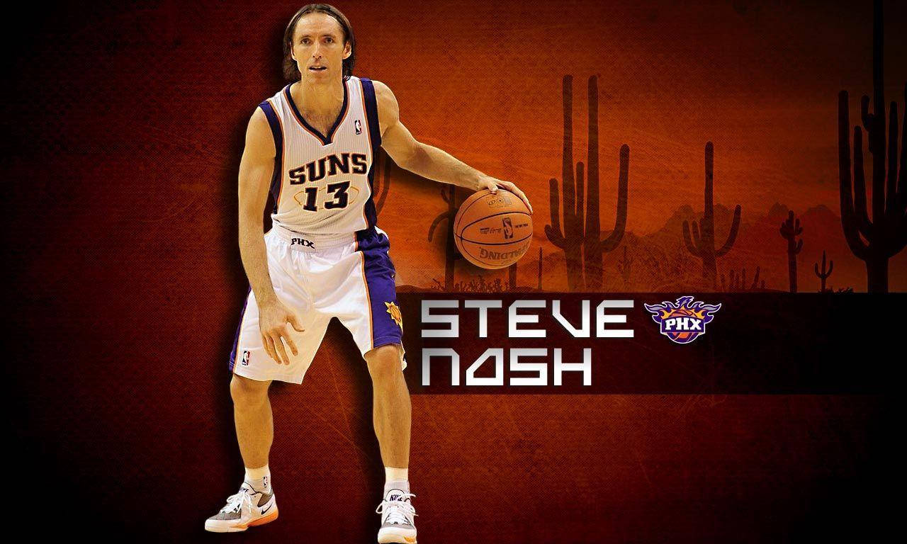 NBA球員史蒂夫·納什橙色粉絲藝術 壁紙 — 身穿鳳凰城太陽隊球衣的史提夫·拿殊在沙漠日落背景下運球，背景有仙人掌剪影。