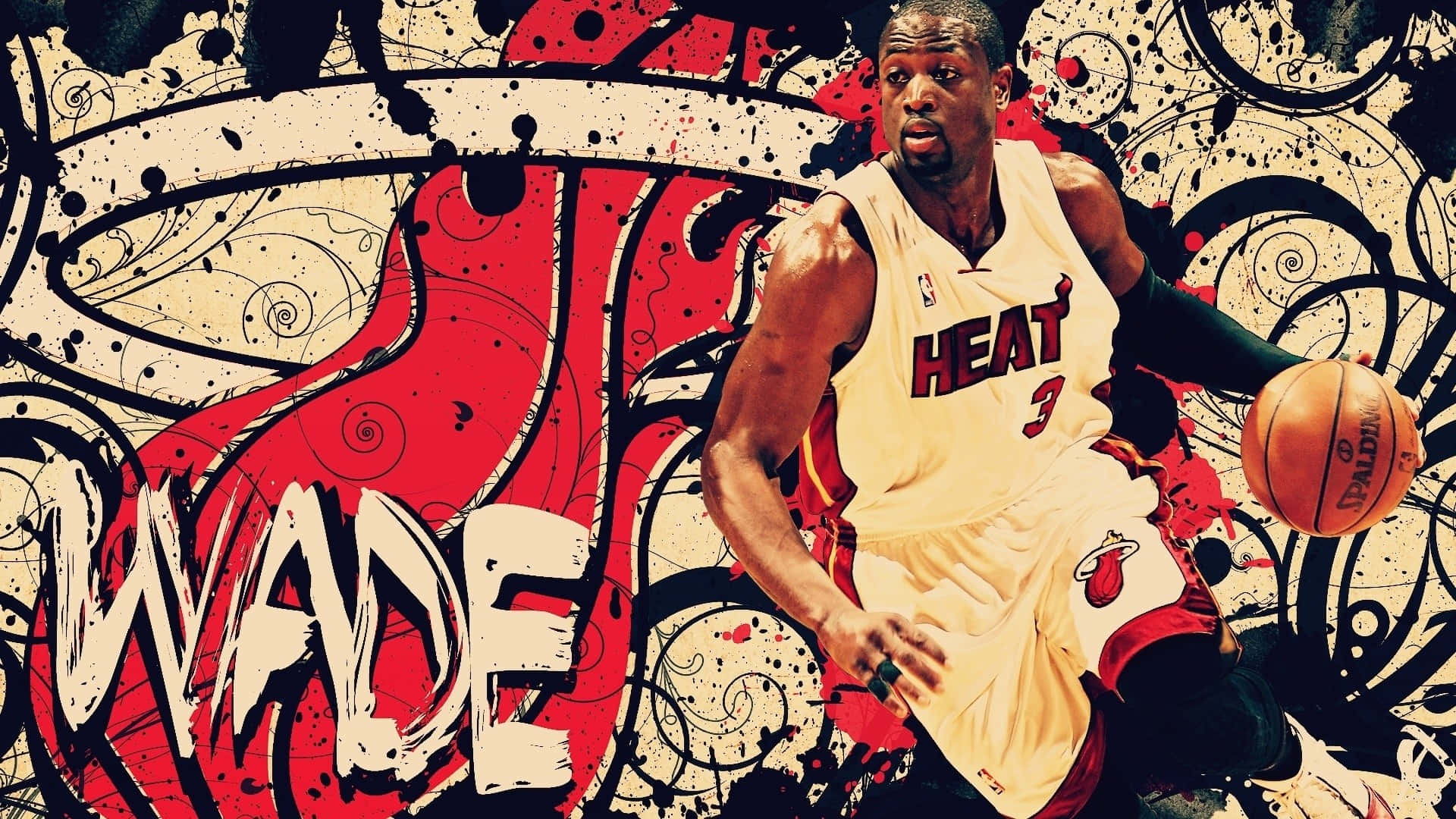 Dwyane Wade 身穿邁阿密熱火球衣在塗鴉背景前運球。