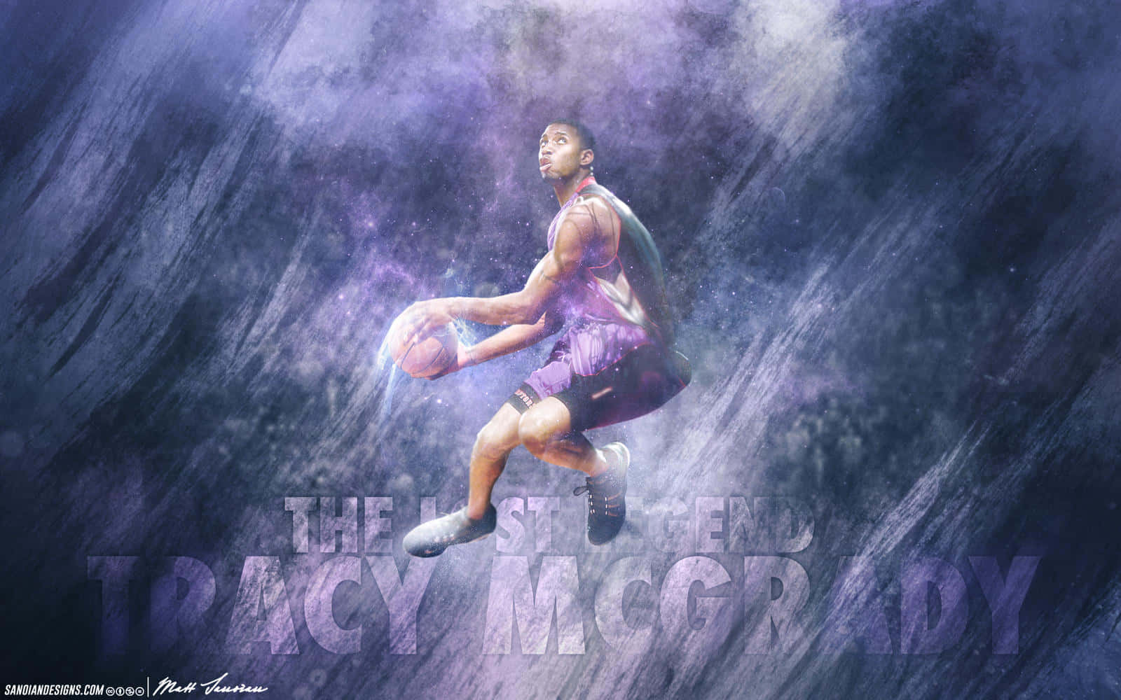 Tracy McGrady 在半空中運球，背景是宇宙紫色。
