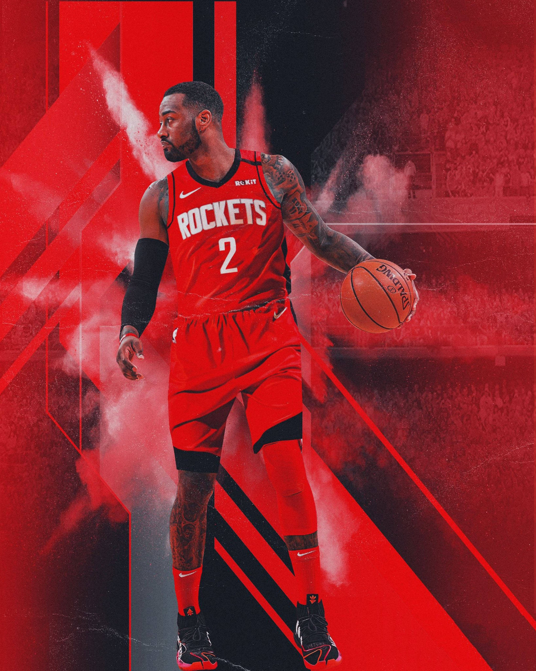 NBA球員約翰·華爾 壁紙 — 一名身穿紅色火箭隊球衣的籃球運動員，在帶有煙霧效果的動態紅黑抽象背景前持球。
