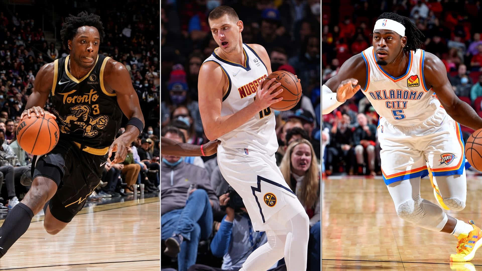 NBA球星OG Anunoby、Nikola Jokic與Luguentz Dort三人合照 壁紙 — 三位NBA球員在籃球比賽中行動，在硬木球場上運球並動態移動，背景有觀眾。
