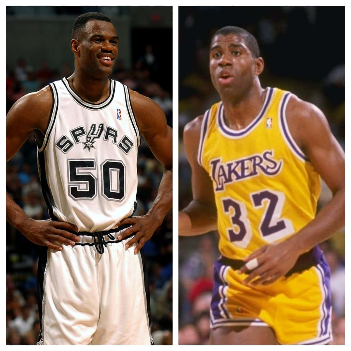 兩名NBA籃球運動員穿著比賽服站在球場上。