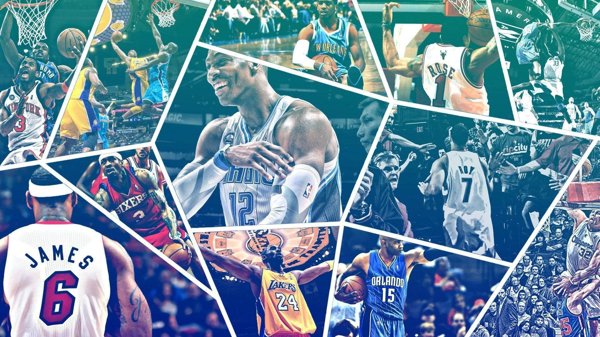 NBA球星拼貼桌面壁紙 壁紙 — NBA籃球運動員在不同球隊制服和比賽時刻中動作姿勢的動態拼貼。