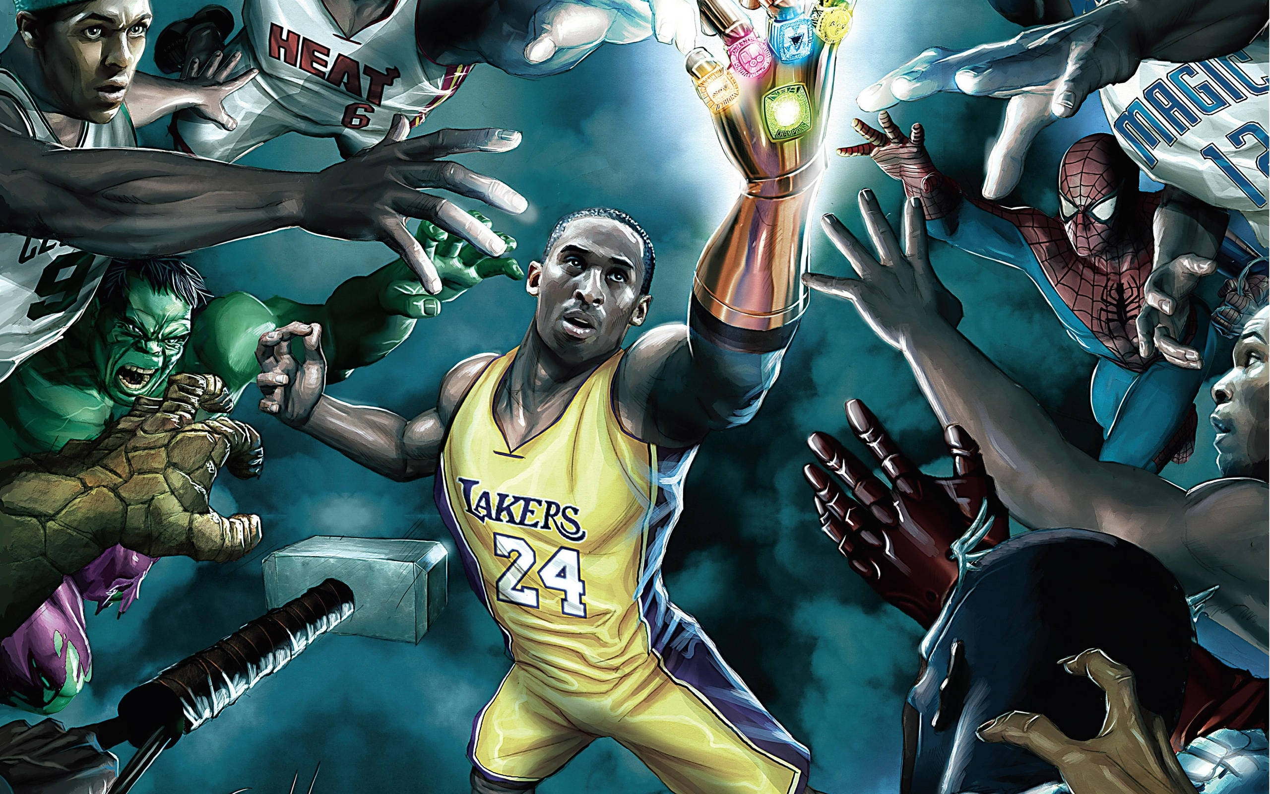 NBA球星科比·布萊恩特超級英雄插畫桌面壁紙 壁紙 — 身穿湖人隊球衣的高比拜仁手持無限手套，被超級英雄和運動員包圍，他們正伸手去拿。