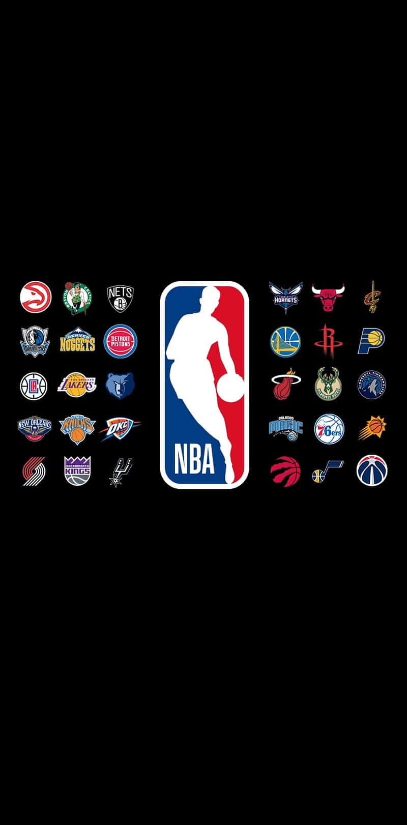 NBA標誌被所有30支NBA球隊標誌環繞在黑色背景上。