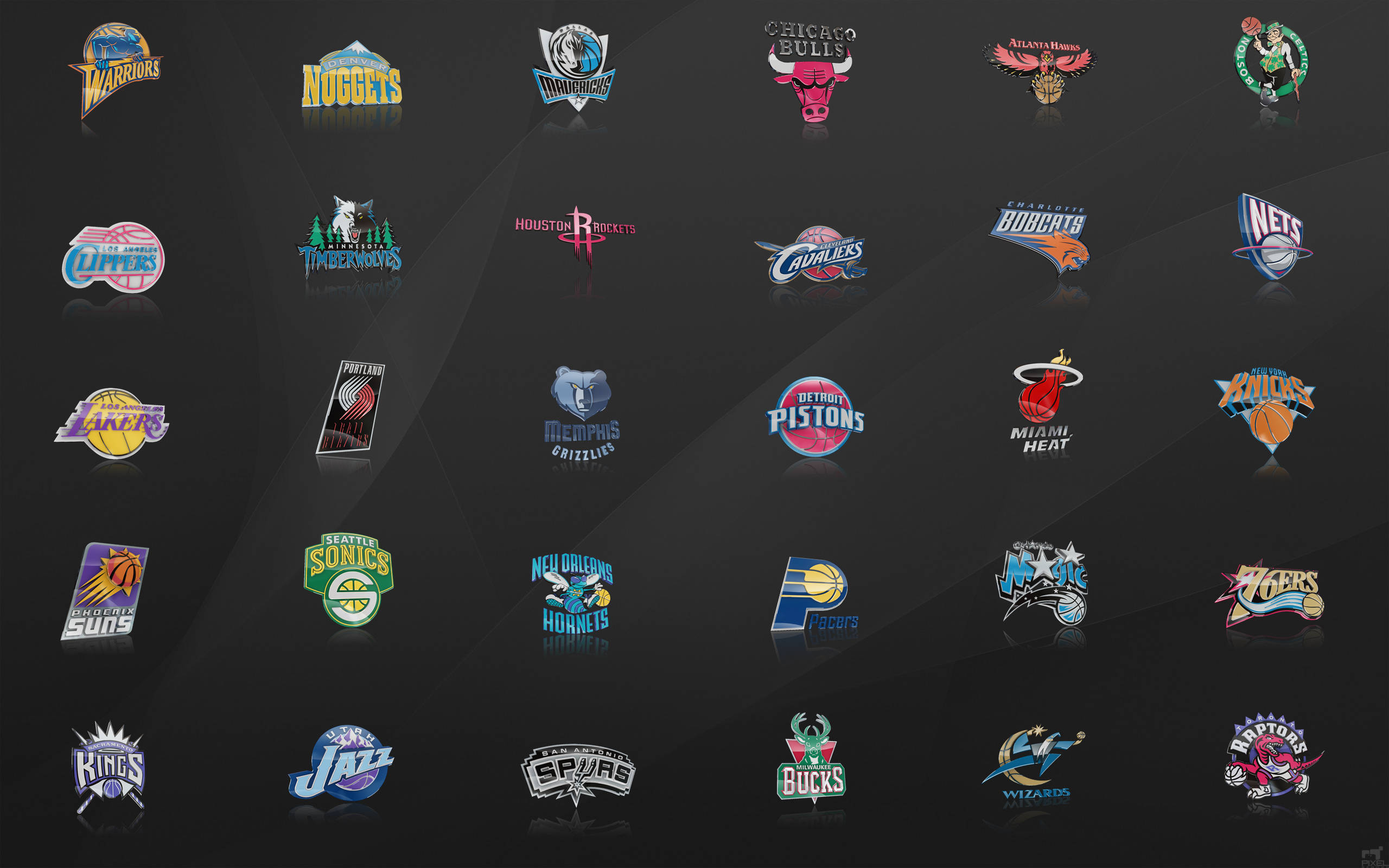 NBA籃球隊 壁紙 — NBA球隊標誌網格在深色漸變背景上柔和發光，帶有細微反射。