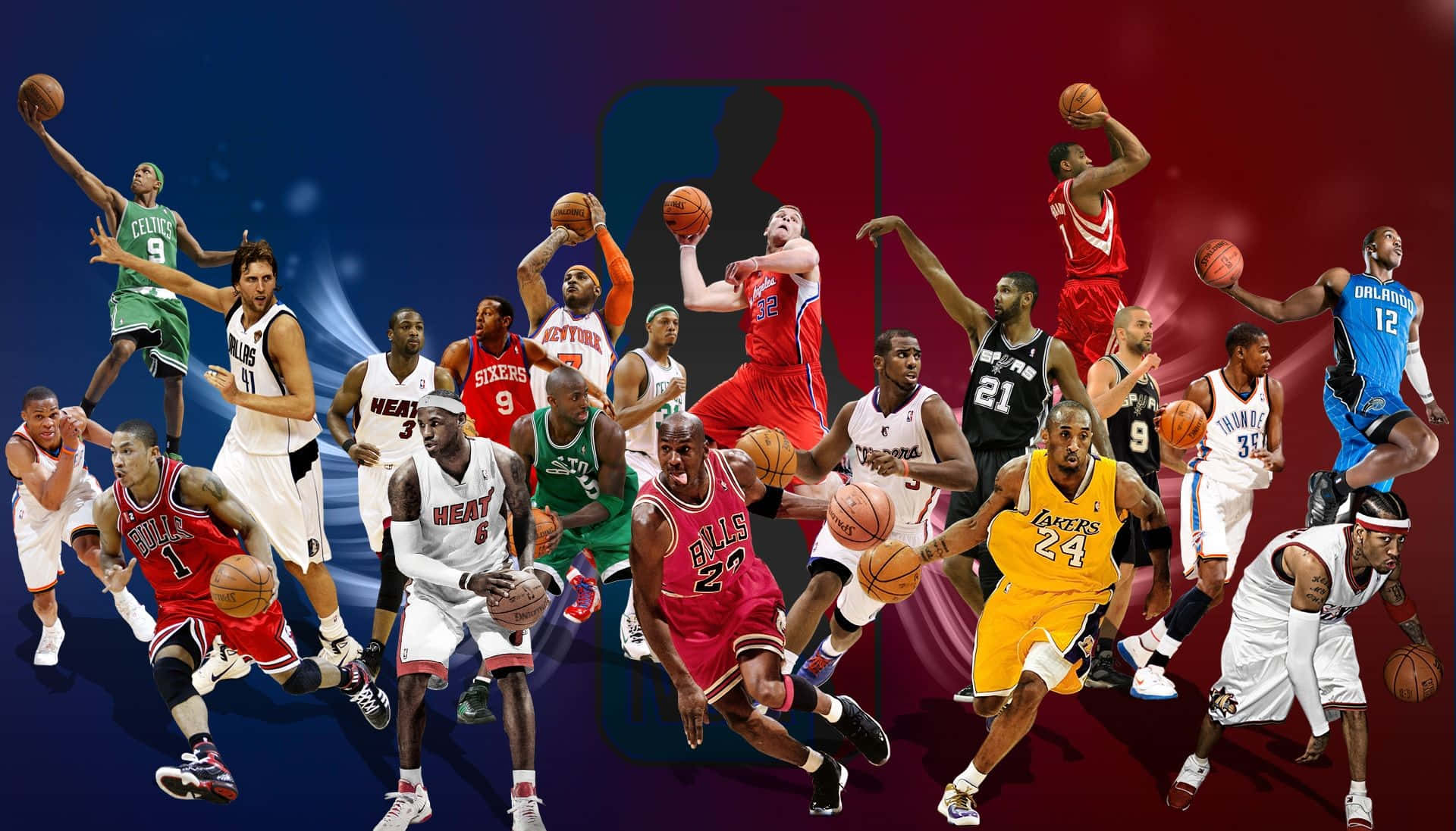 NBA籃球運動員穿著球隊球衣並持籃球的動作姿勢。