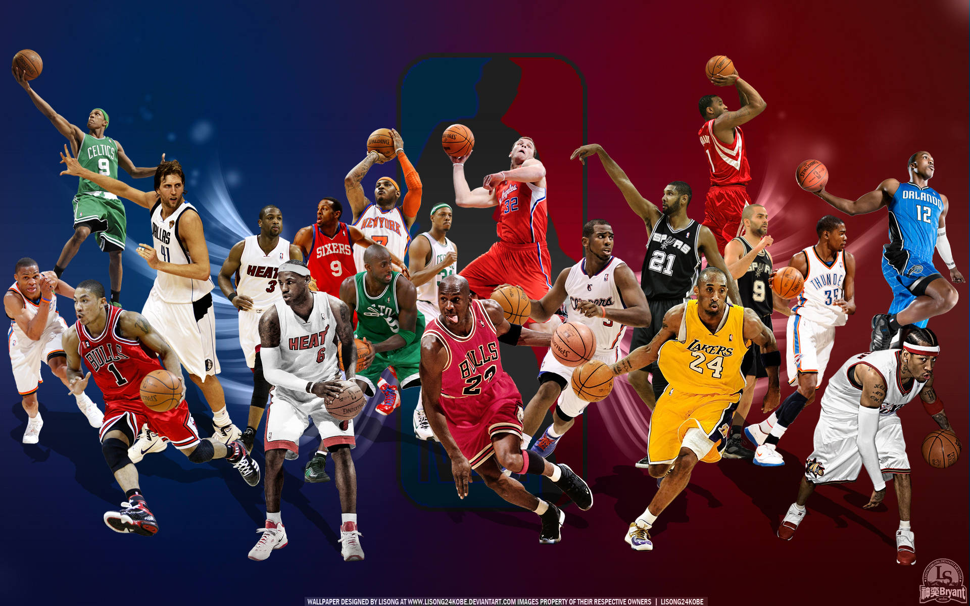 NBA籃球隊球員 壁紙 — NBA籃球運動員在藍紅漸變背景下的動態拼貼畫，呈現中場動作姿勢。