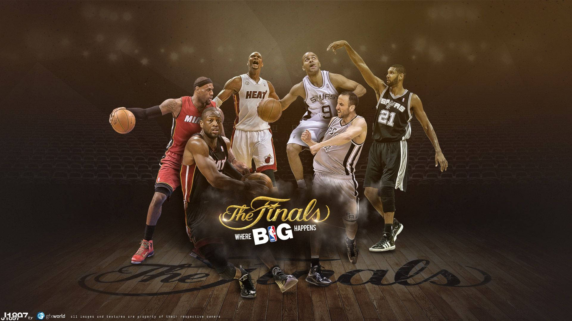 五名籃球運動員在球場上進行動作，帶有'The Finals'文字。
