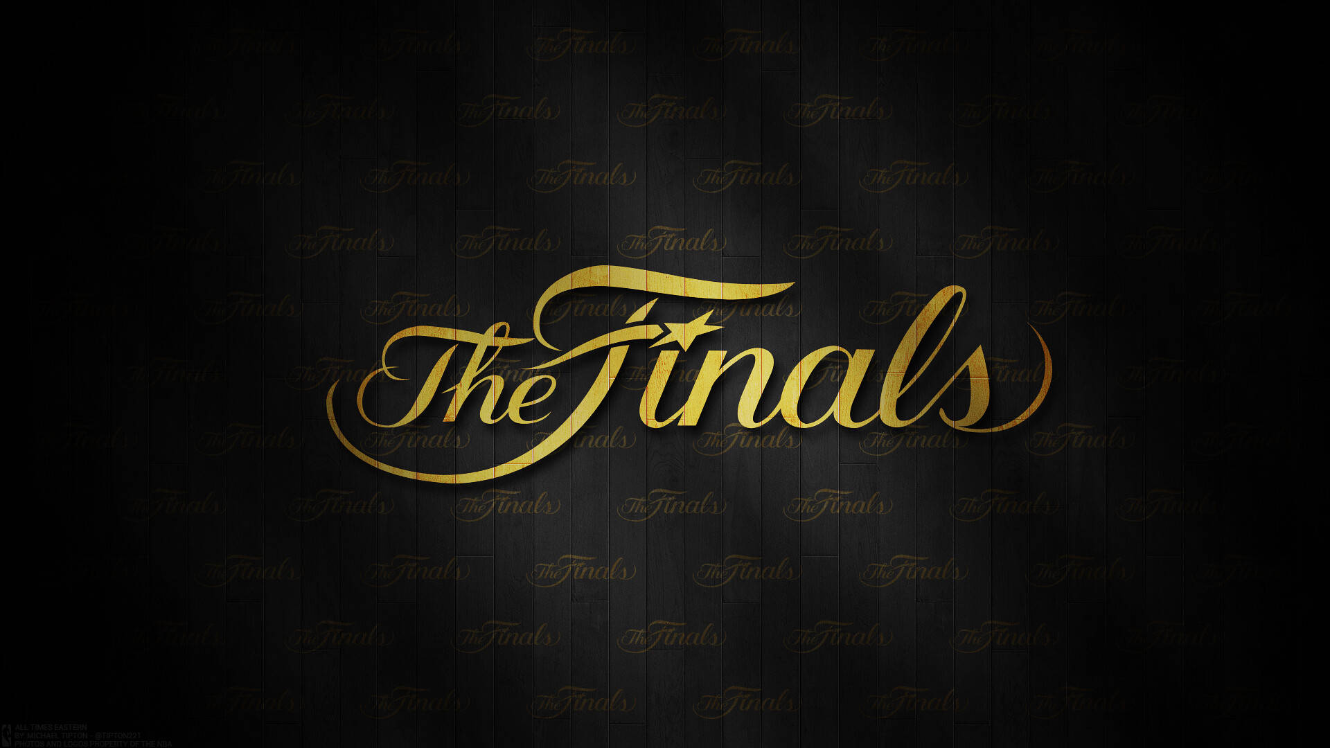 NBA總決賽剪影標誌 壁紙 — 金色草書文字 'The Finals' 在深色紋理背景上發光，帶有重複的微弱水印。
