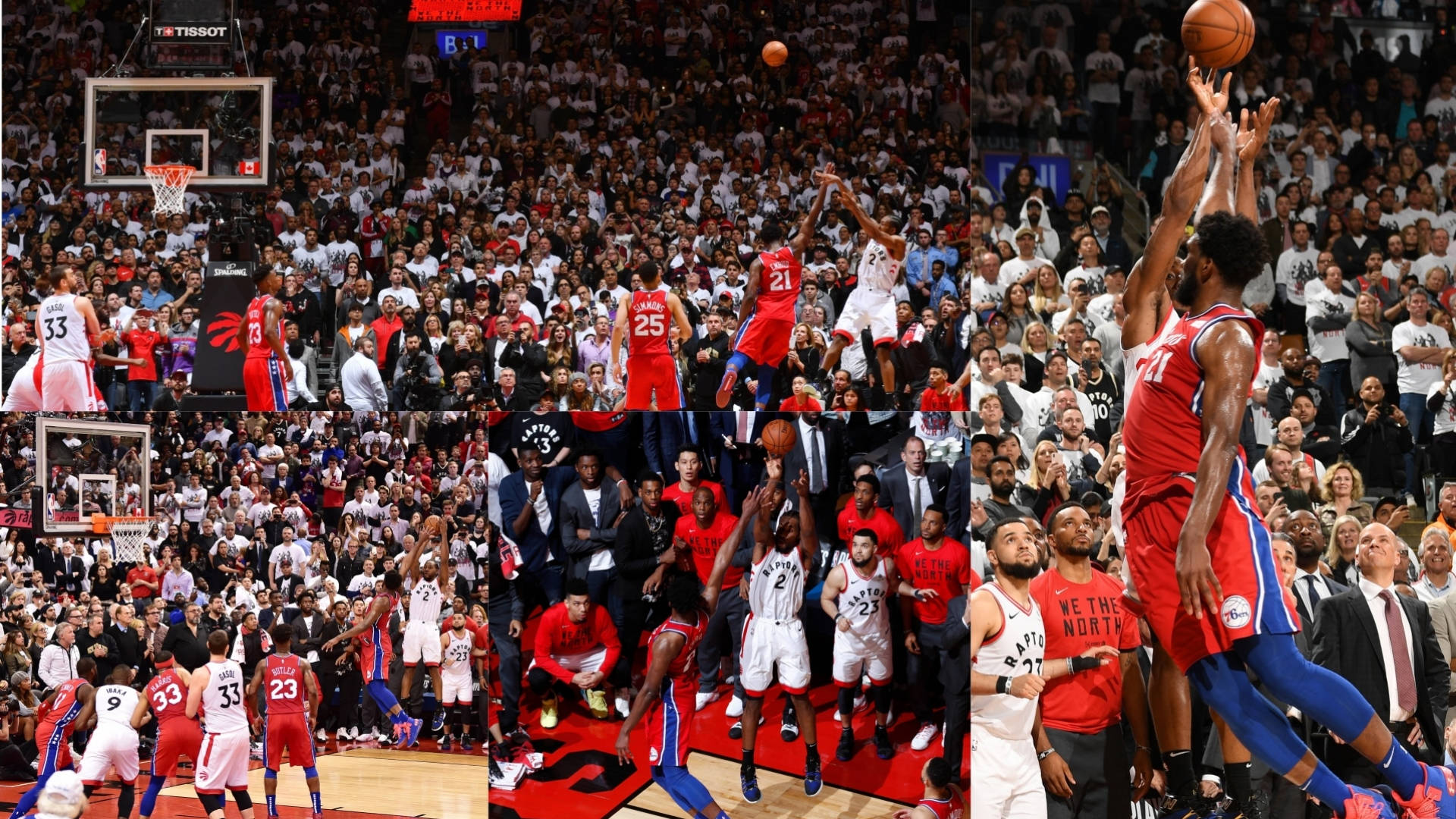 NBA總決賽科懷·倫納德絕殺 壁紙 — 多倫多速龍隊籃球運動員身穿紅白球衣在激烈比賽時刻中動作的動態拼貼，伴隨著咆哮的人群。