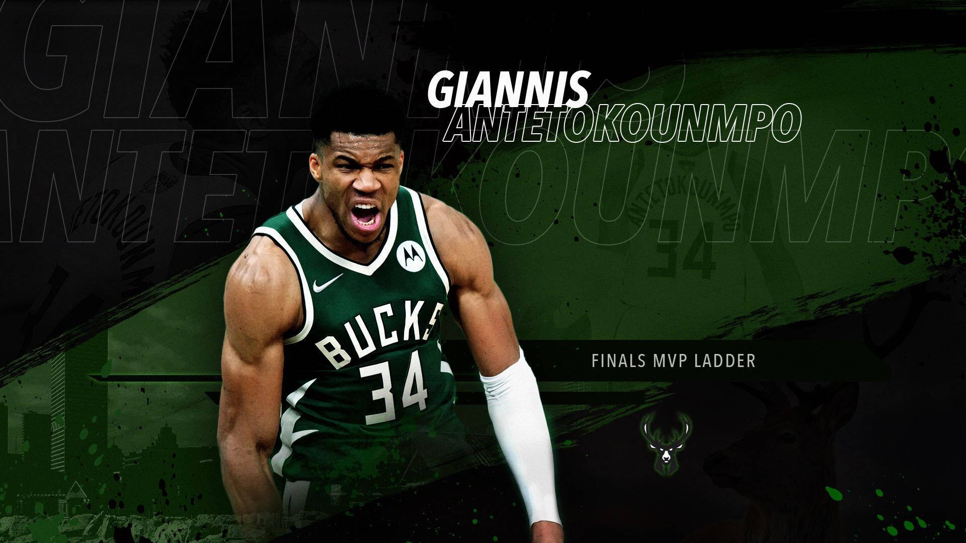NBA總決賽精彩瞬間 壁紙 — Giannis Antetokounmpo 穿著綠色 Milwaukee Bucks 球衣，身後有「Finals MVP Ladder」文字，咆哮著。