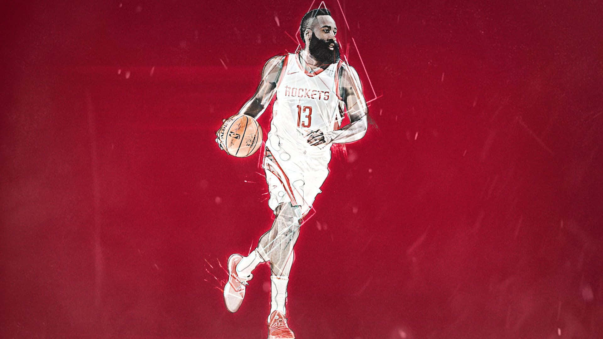 NBA美學：詹姆斯·哈登 壁紙 — 一幅動態數碼藝術插圖，描繪籃球運動員占士夏登身穿白色火箭隊球衣，在鮮紅色背景上運球，帶有動感線條。