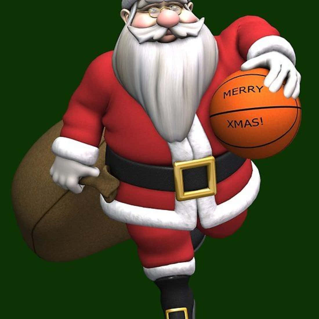 聖誕老人手持寫有「Merry Xmas」的籃球，並背著一個袋子。