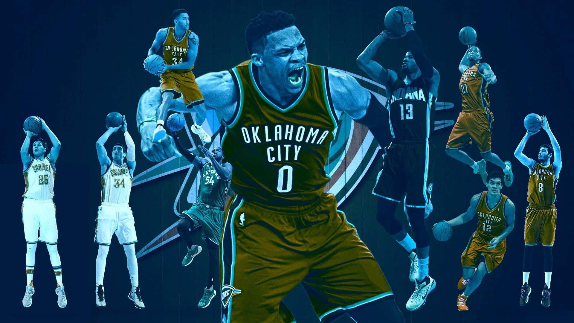 NBA聯盟俄克拉荷馬城雷霆隊2017-2018球員名單 壁紙 — 動態拼貼畫，展示奧克拉荷馬城雷霆隊籃球運動員在深藍色背景上的動作姿勢，帶有發光的藍綠色點綴。