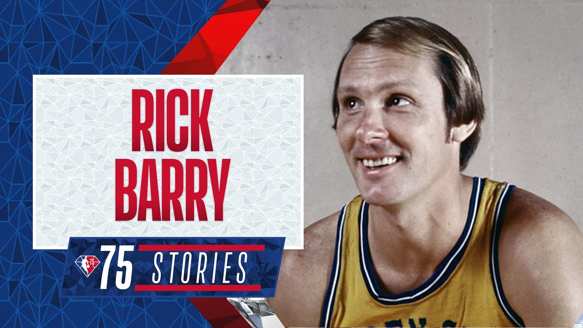 NBA聯盟瑞克·巴里海報 壁紙 — Rick Barry 身穿黃色籃球球衣，在幾何藍、紅、白圖形背景前微笑。