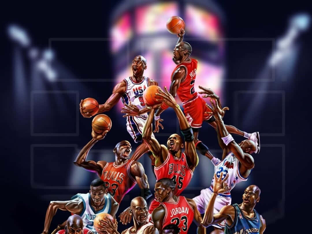 NBA資深球員勒布朗·詹姆斯與新秀錘子威廉森的插畫 壁紙 — 米高佐敦及其他NBA傳奇人物在場館燈光下騰空躍起爭奪籃球主導權的動態數位藝術作品。