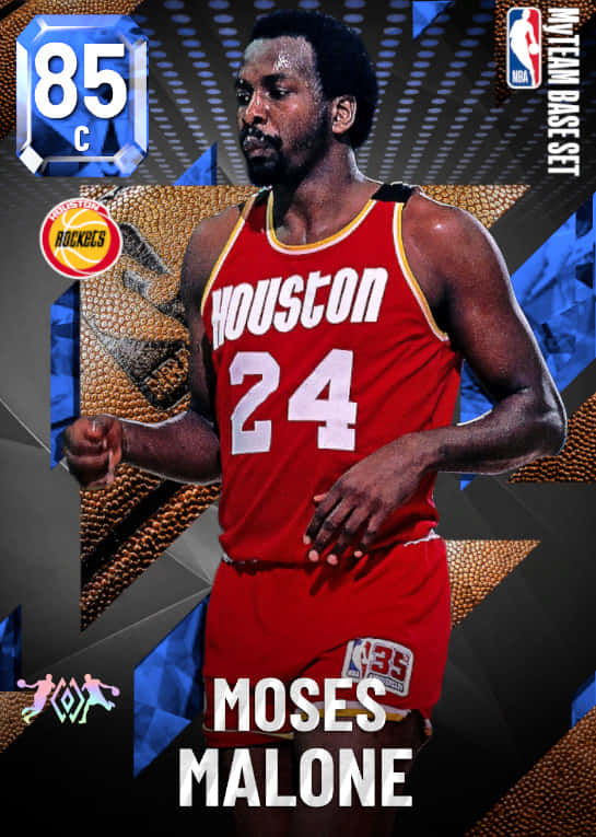 NBA MyTeam卡片，主角為Moses Malone，身穿侯斯頓火箭隊球衣，附有數據和球隊標誌。