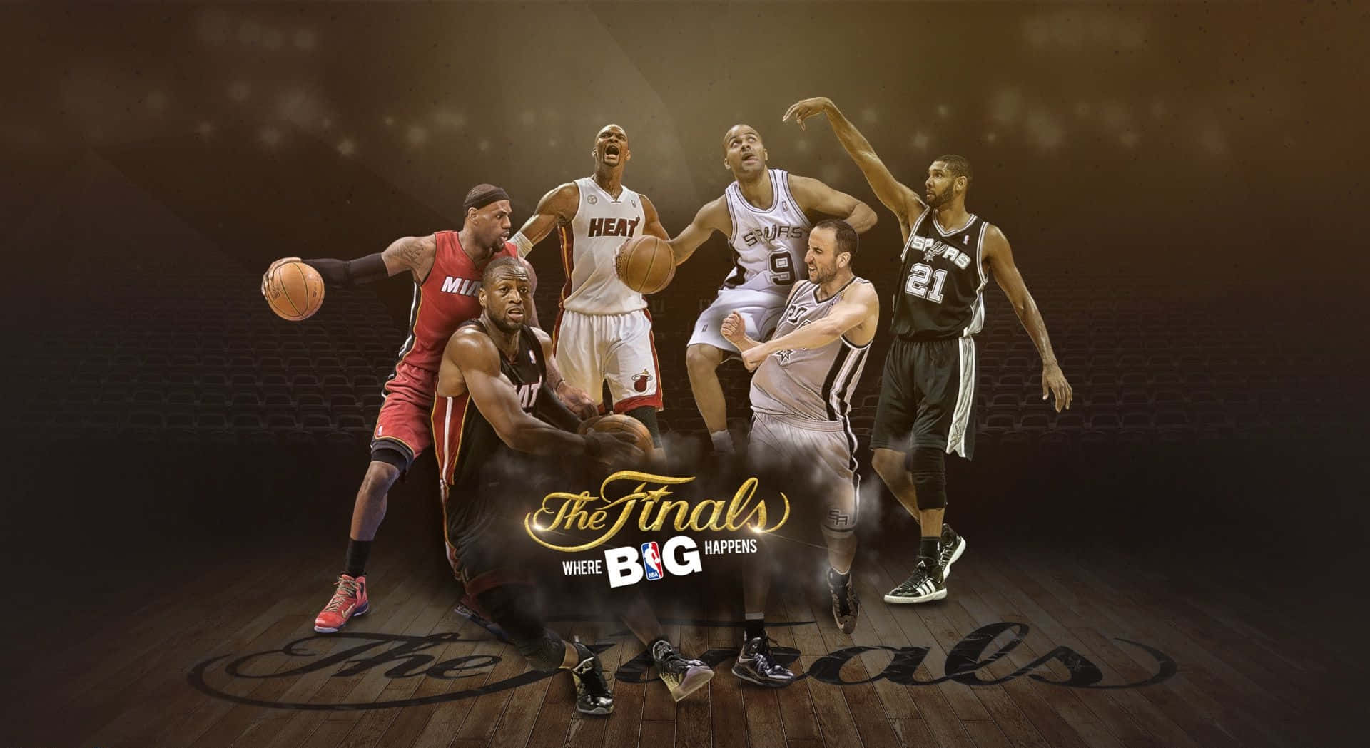 NBA 總決賽籃球運動員在木製球場上以動態動作姿勢。