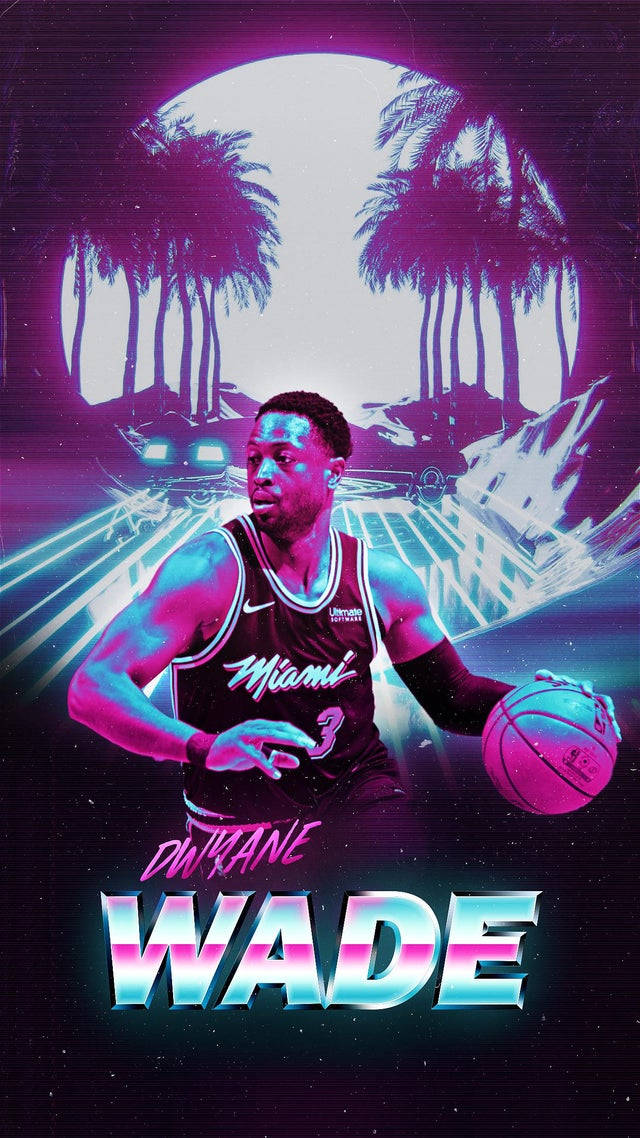 身穿邁阿密球衣的Dwyane Wade在霓虹月亮和棕櫚樹下運球。
