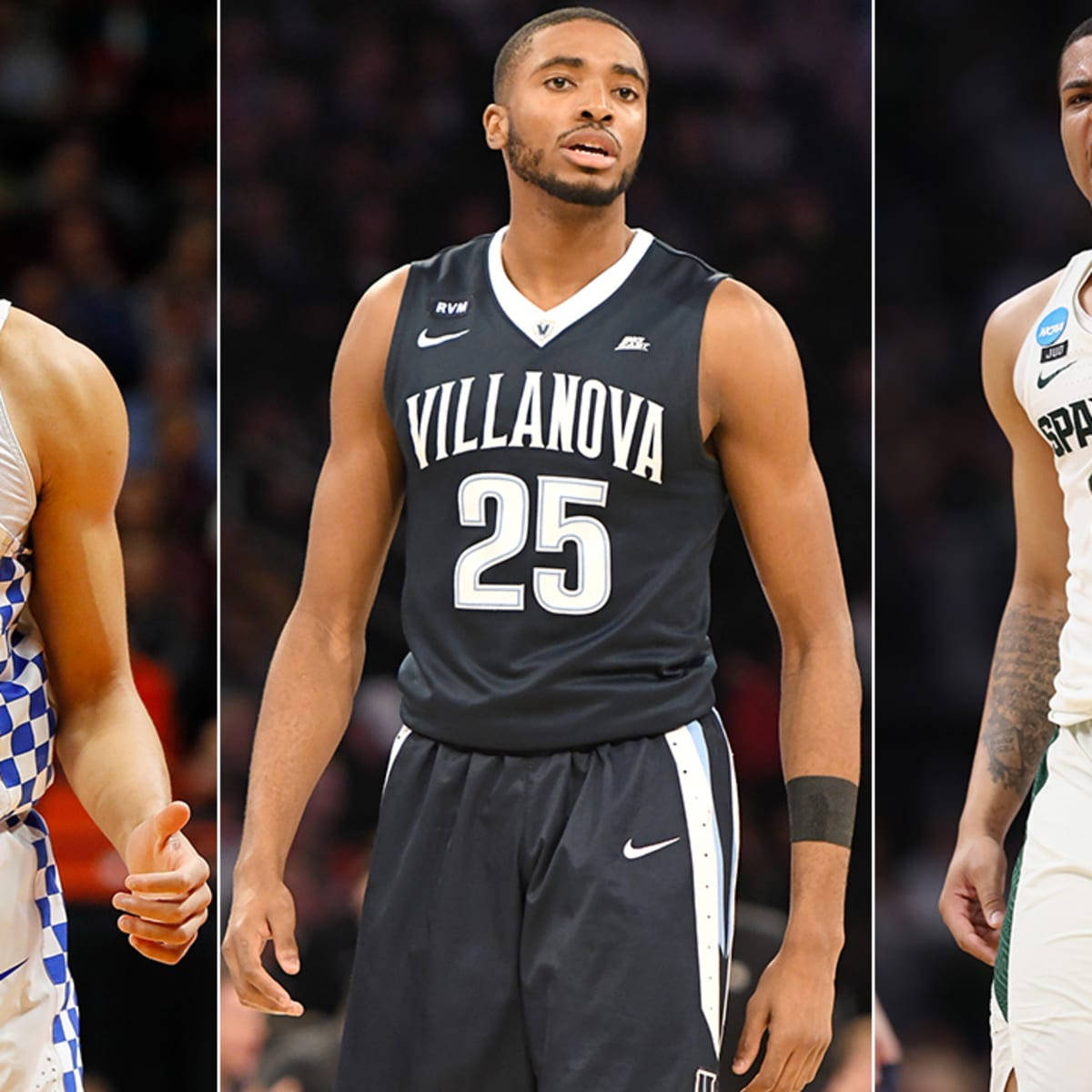NCAA 維拉諾瓦野貓隊 米卡爾·布里奇斯 壁紙 — 三位籃球運動員在比賽中行動，維拉諾瓦大學的#25球員成為焦點。